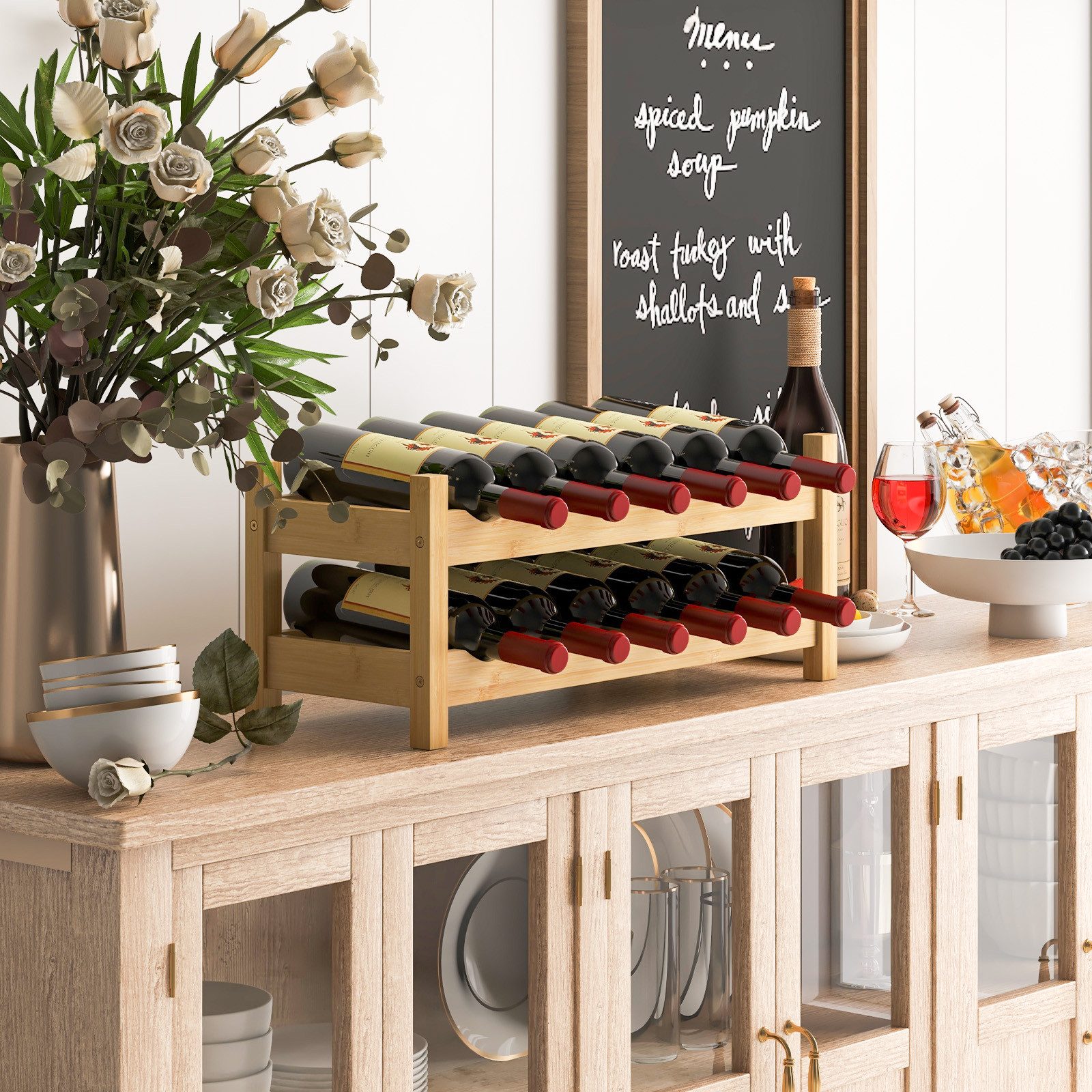 COSTWAY Weinregal, Flaschenregal Bambus mit 2 Etagen für 12 Flaschen