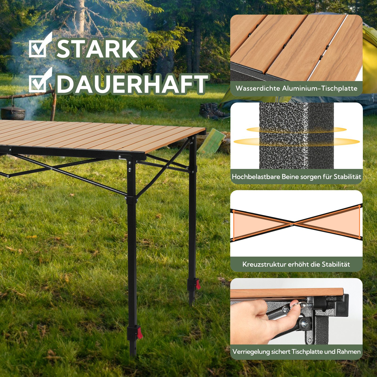 HOMECALL Klapptisch Campingtisch Höhenverstellbar Klappbar Balkontisch Gartentisch Tragbar (Höhenverstellbares Bein(76/84,5/92,5 cm),Aluminum Roll Up Tabletop bis 100kg), für 4-6 Personen,für Camping, Outdoor, Garten