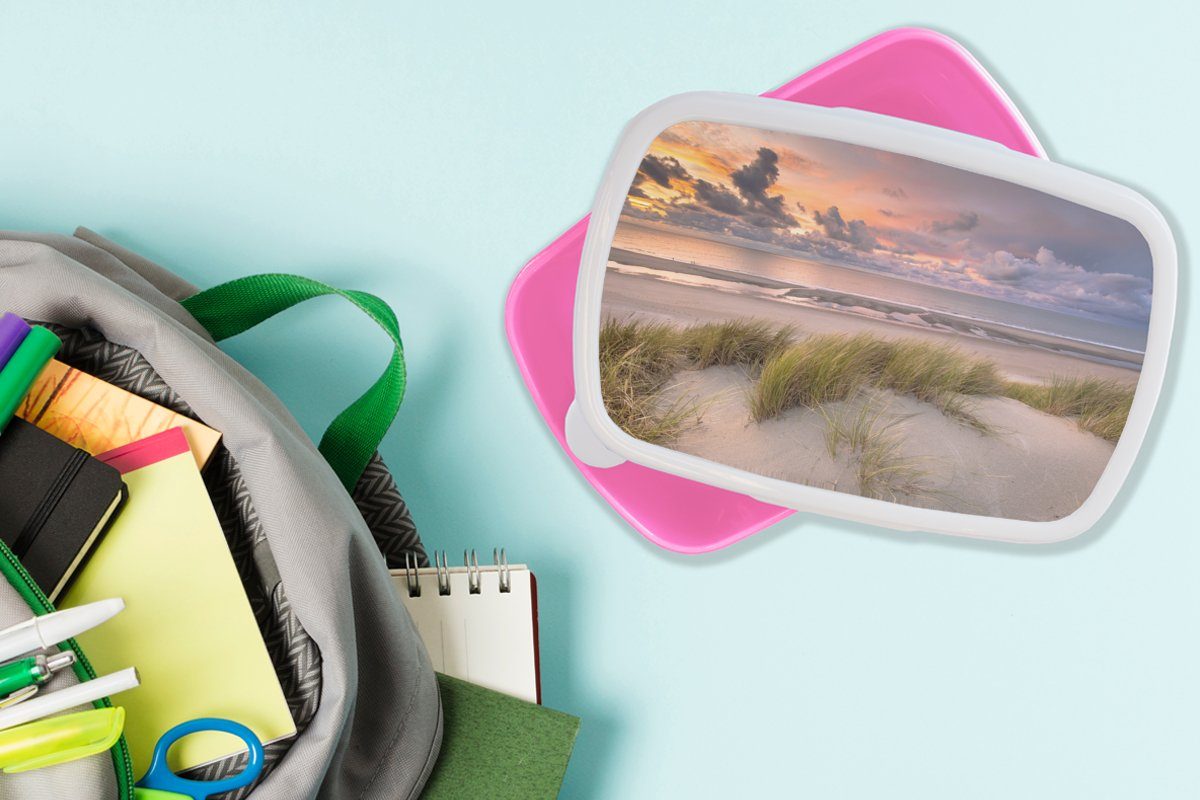 Mädchen, - Snackbox, Brotbox Lunchbox - Pflanzen Erwachsene, rosa für (2-tlg), Sonnenuntergang Brotdose Strand Meer, Kunststoff, Düne Kinder, - Kunststoff MuchoWow -
