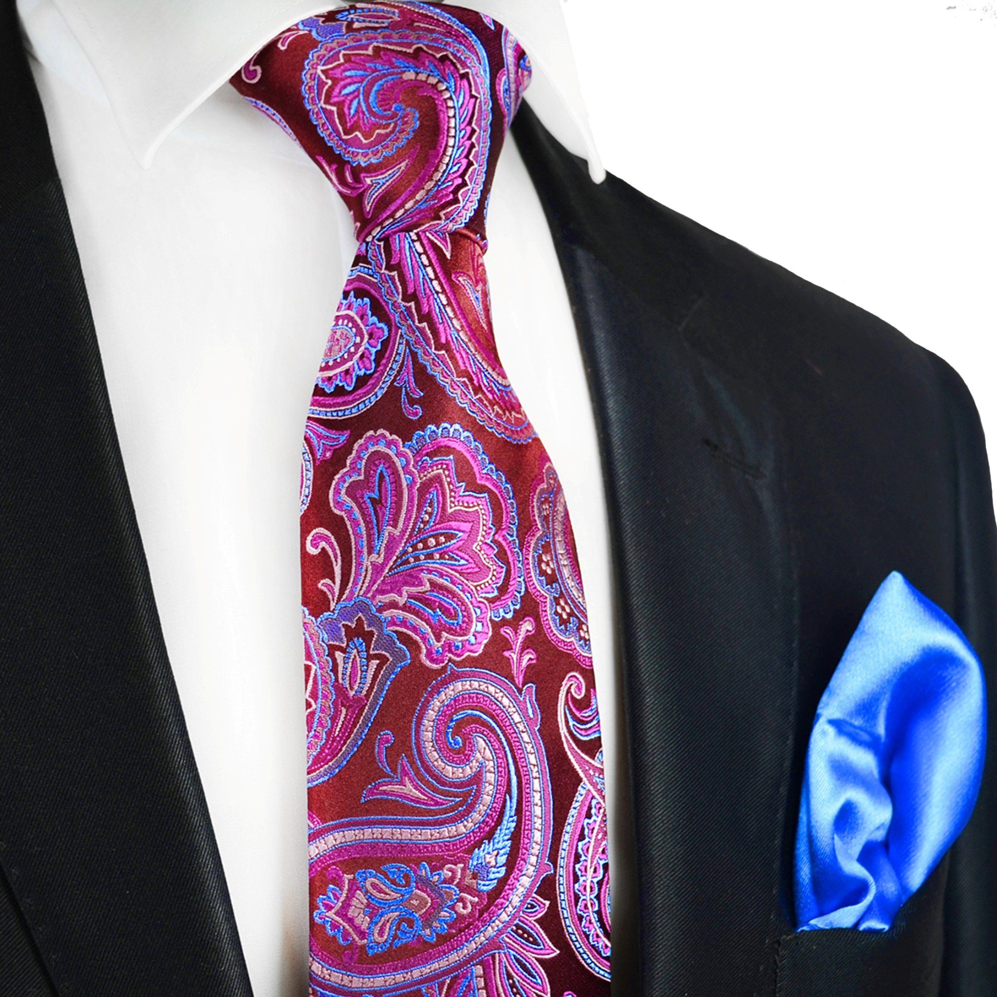 Paul Malone Krawatte 7-Fold Seidenkrawatte Schlips modern elegant 100% Seide paisley (Set, 2-St., mit Einstecktuch) rot pink hellblau S14111-24