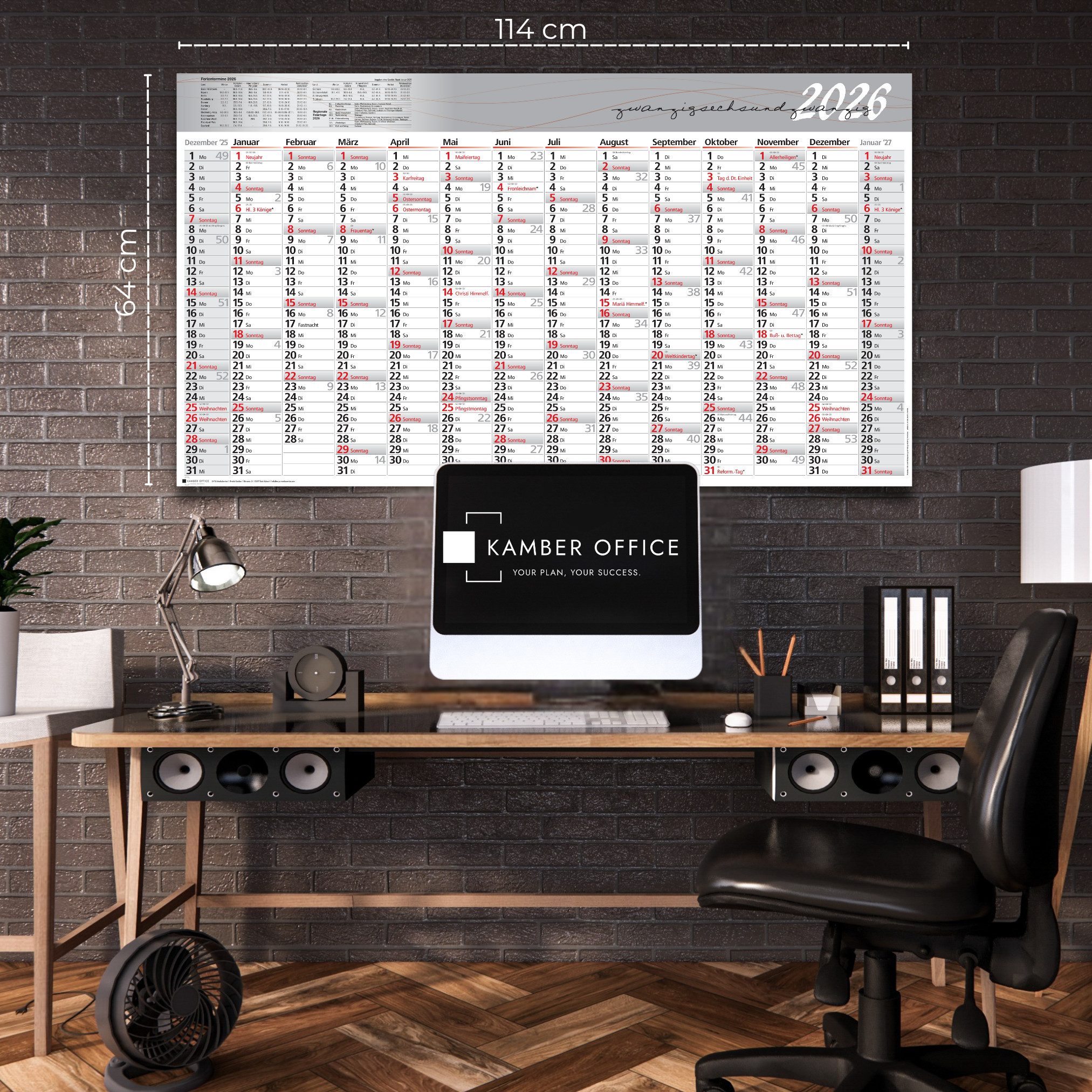Kamber Office Wandkalender 2026 Jahreskalender XXL groß 14 Monate Bürokalender gefalzt, Schulferien, Großformat 114x64 cm