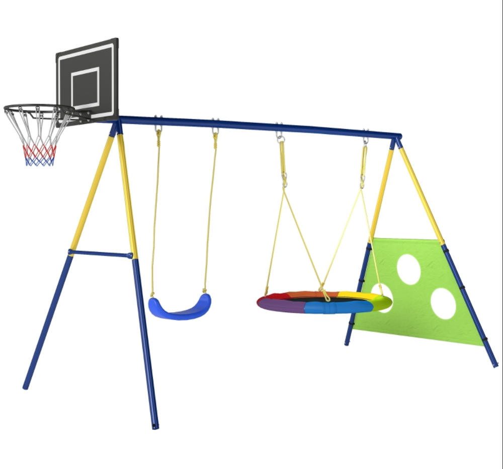 Rolipo Schaukelgestell 4-in-1 mit Nestschaukel, U-Schaukel, Basketballkorb & Fußballtor, bis 150 kg, Geschenke zum Kindertag