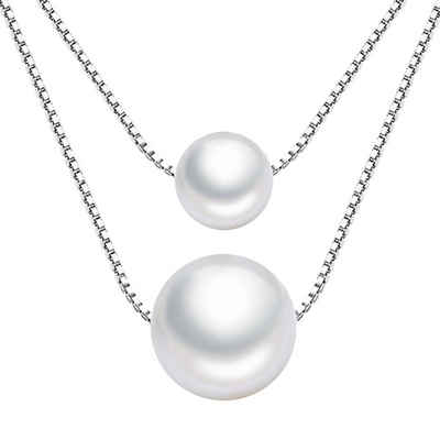 Ditz Kette mit Anhänger Damen Doppel Mehrreihige Halskette mit zwei Perlen Anhänger Silber, Brautschmuck Braut Perlenkette Modern Geschenke Frauen Geburtstag
