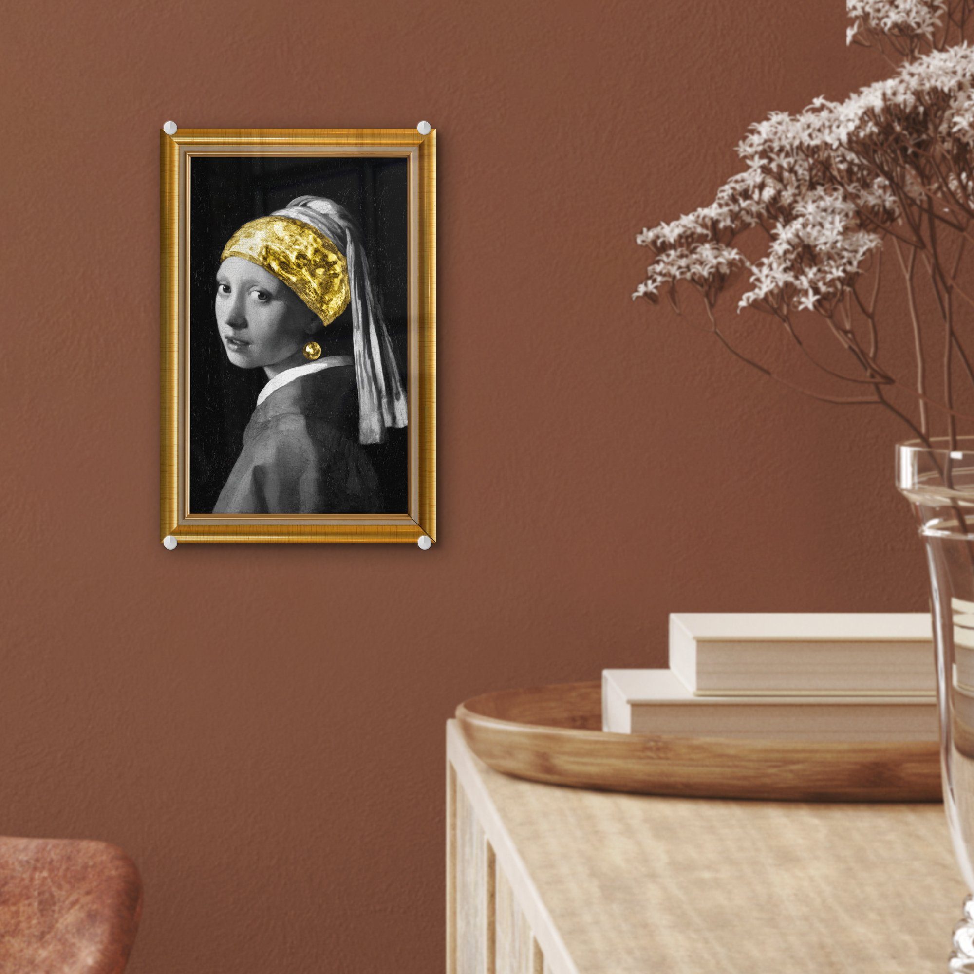 Gold - MuchoWow Vermeer - Perlenohrring Glas Acrylglasbild (1 St), Mädchen Rahmen, auf - - auf mit Bilder Glas Wanddekoration Foto - Glasbilder - Wandbild