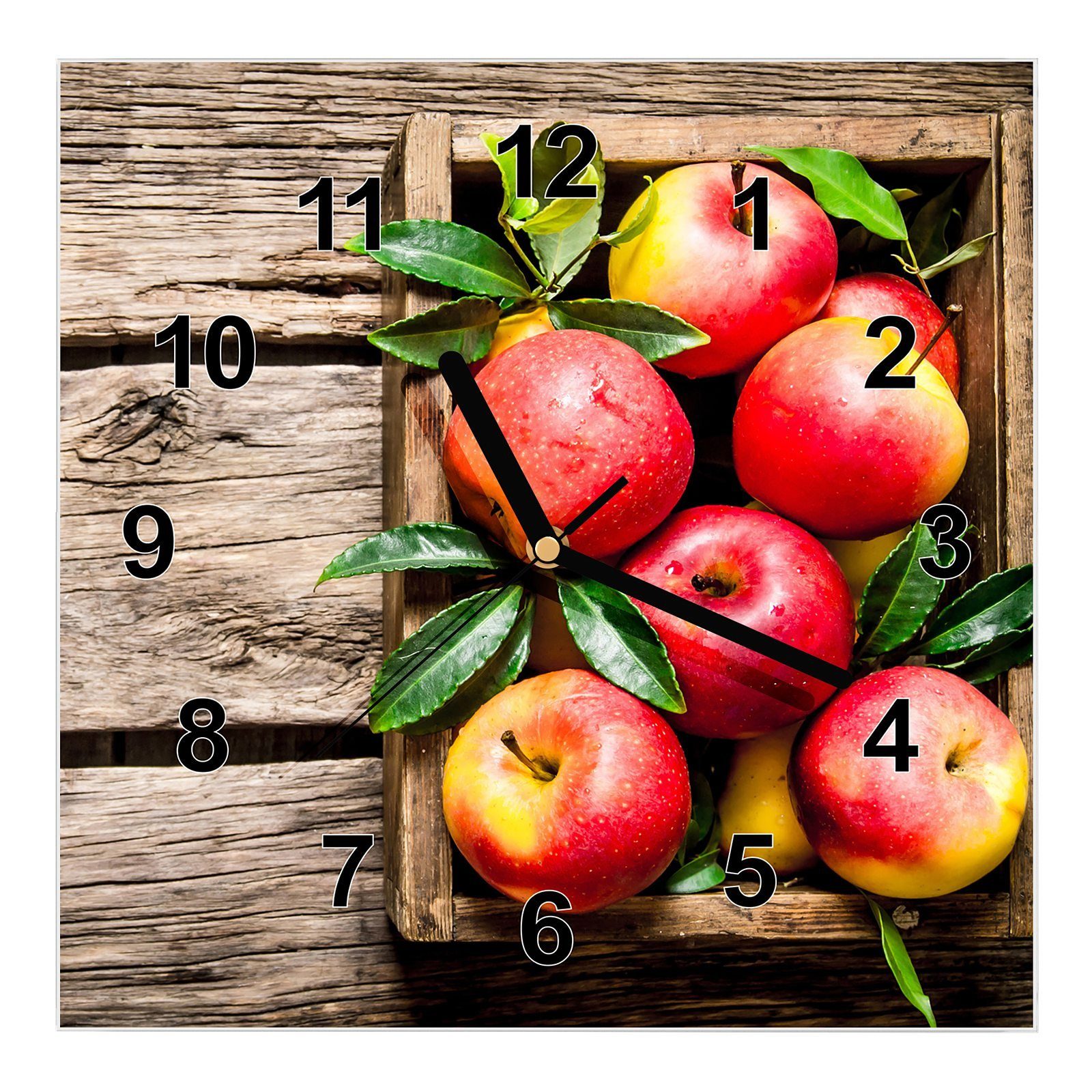 Primedeco x Glasuhr mit Größe mit 30 Blättern 30 Äpfel Wandkunst Wanduhr Motiv cm Wanduhr