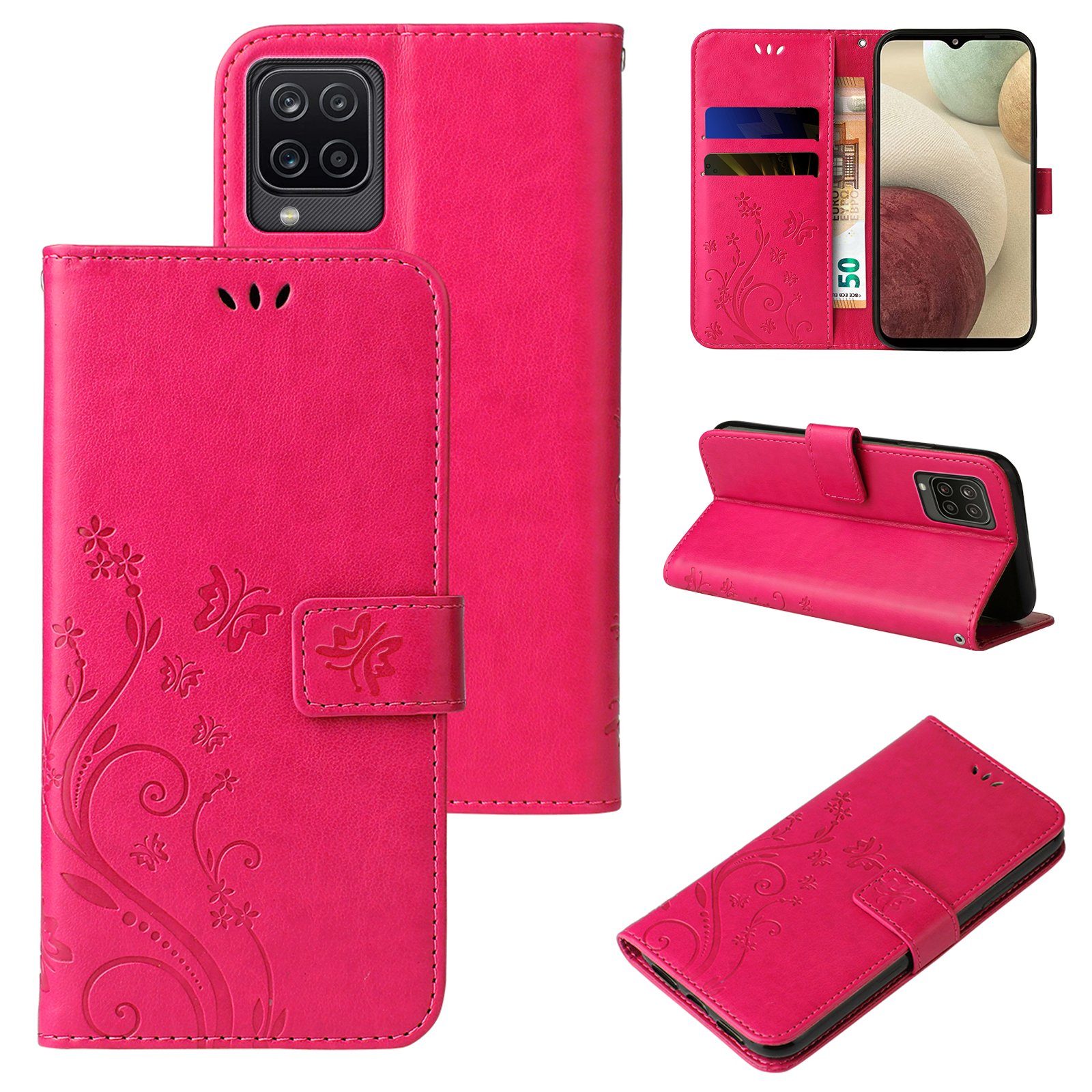 Tec-Expert Handyhülle Cover Tasche Hülle für Samsung Galaxy A12 6,5 Zoll, Klapphülle Case mit Kartenfach Fliphülle aufstellbar, Motiv Blumen