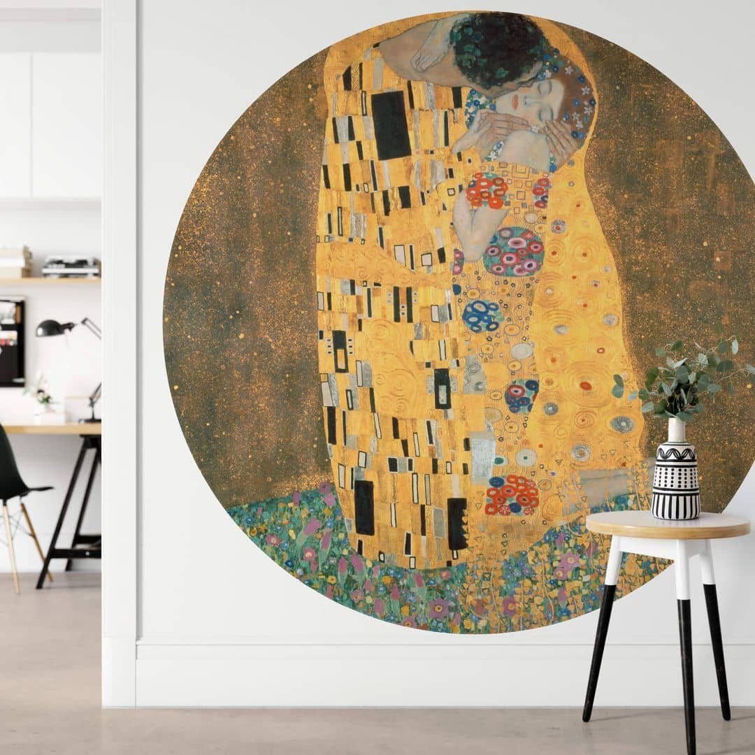 K&L Wall Art Fototapete Fototapete Klimt Kunstdruck Der Kuss Vliestapete Rund Gemälde Gold Deko, Liebespaar Tapete