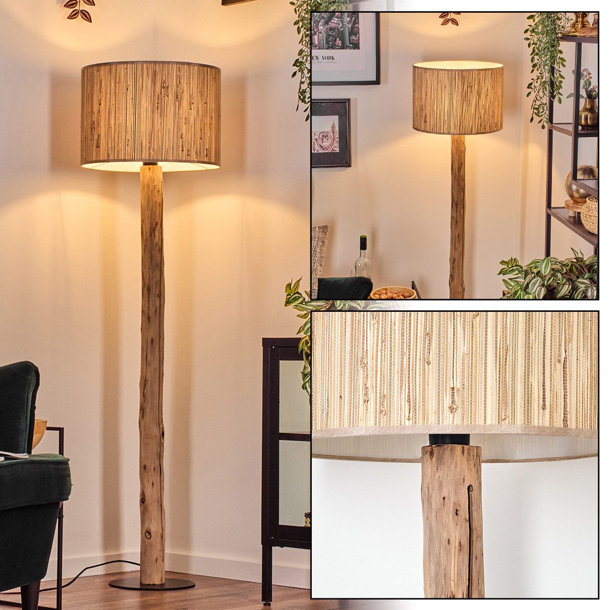 hofstein Stehlampe Stehlampe aus Metall/Holz/Seegras/Stoff in Schwarz/Natur/Beige, ohne Leuchtmittel, Stehleuchte im modernen Boho-Design (40 cm), Höhe 148 cm, E27