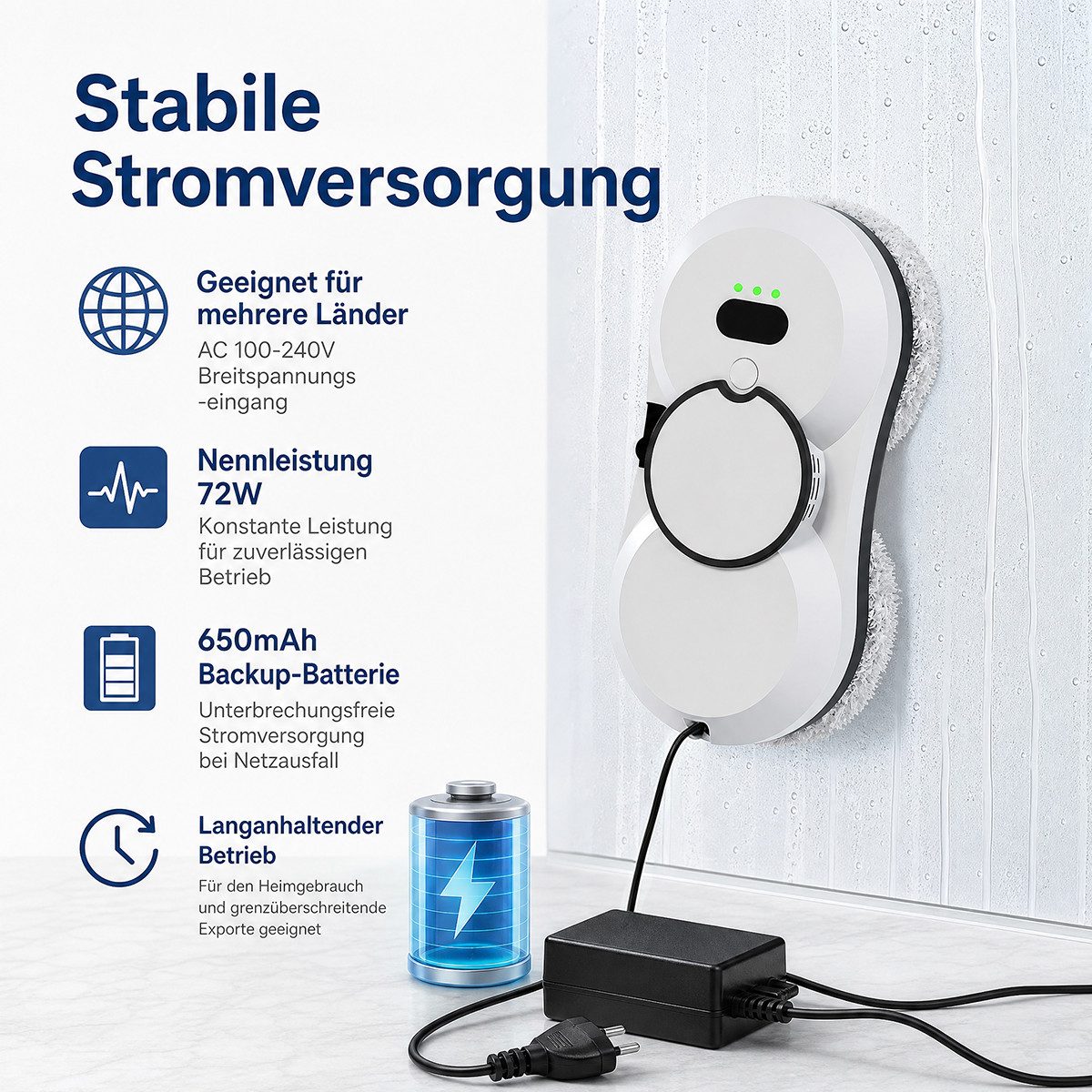 Rhein Beleuchtung Fensterputzroboter Fensterputzroboter – Automatischer Fensterreiniger, (1-St., Set, 2800 Pa Saugkraft, Für Fenster, Glas & schwer zugängliche  – Bild 4 von 5