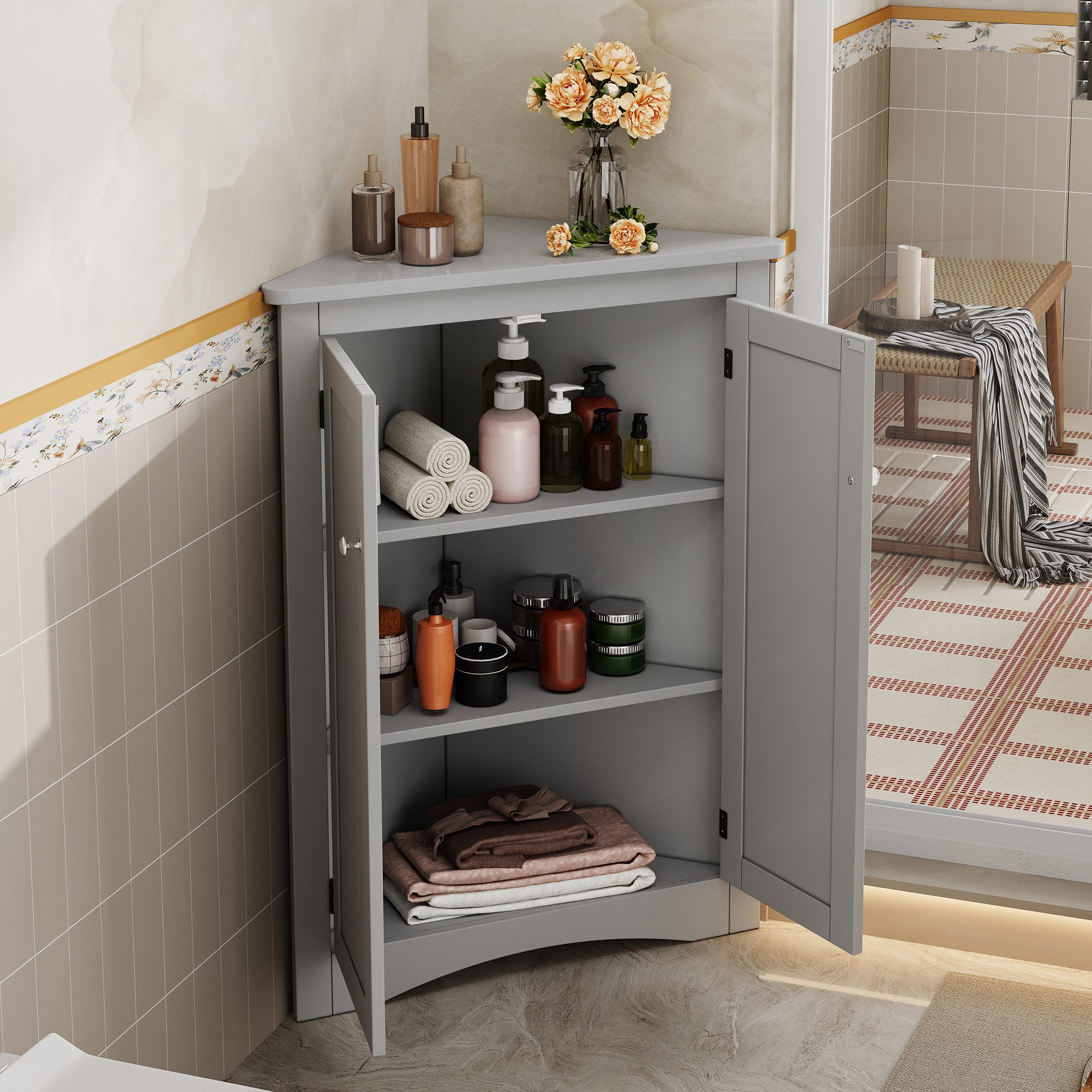 Flieks Eckschrank (1-St., B61,5xT34,5xH80 cm) Badkommode Mehrzweckschrank Eckkommode mit 3 Fächern Grau