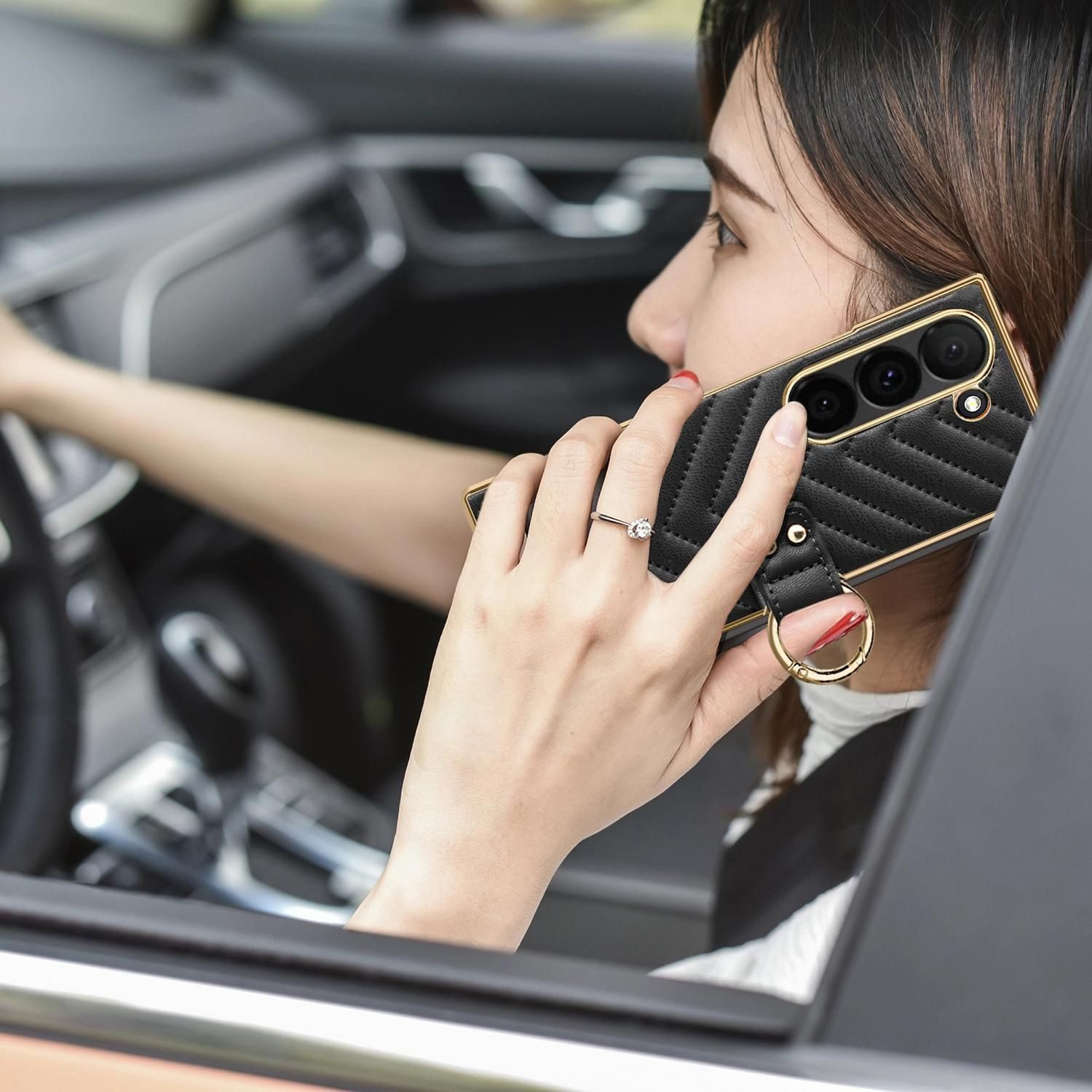 Wigento Handyhülle Für Samsung Galaxy Z Fold6 Dream Series Ring Kunstleder Hülle Schwarz, Stoßfest, Metallring, stilvoll