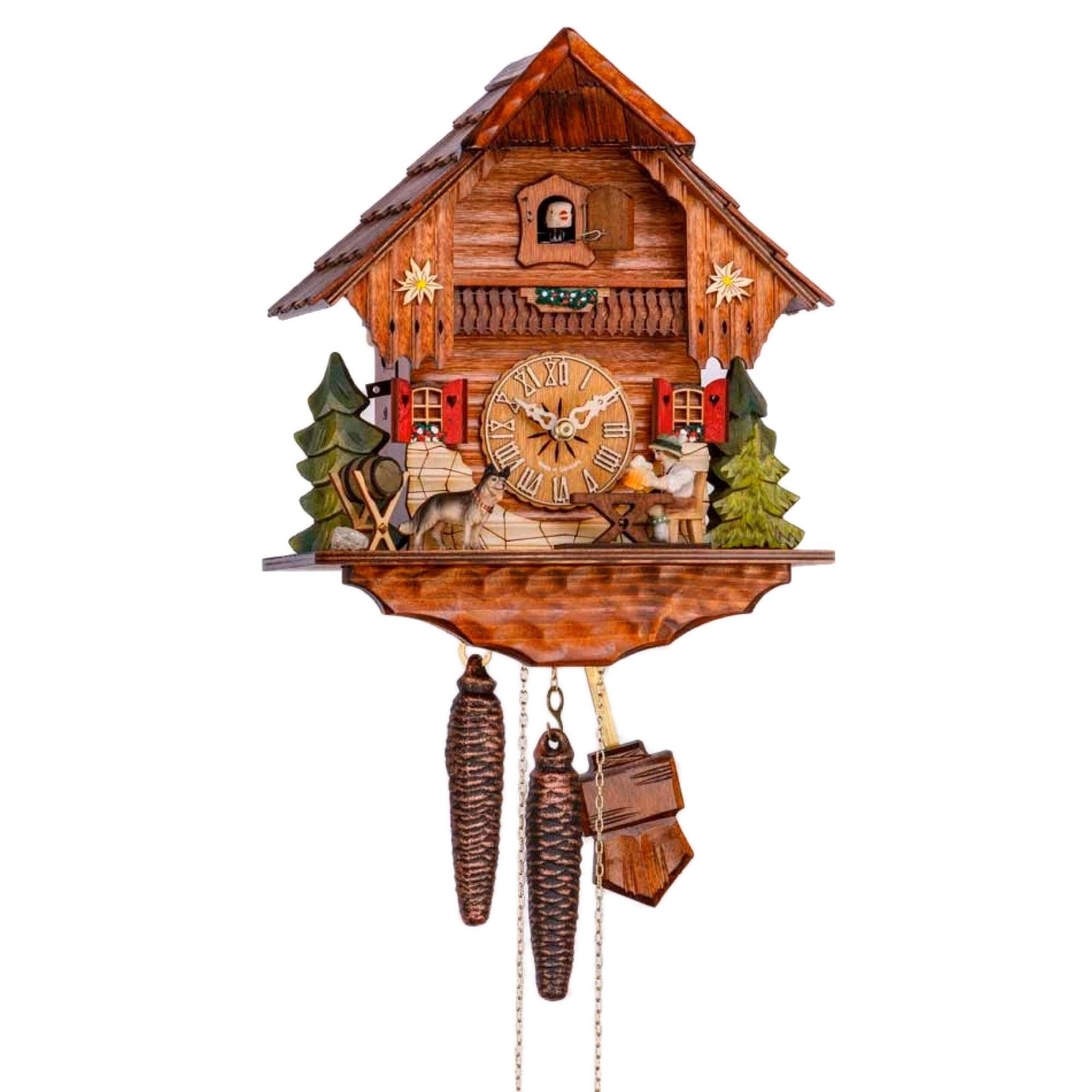 Cuco Clock Pendelwanduhr Kuckucksuhr Schwarzwalduhr "Biertrinker mit Hund" Wanduhr aus Holz (17 x 23 x 26cm, 1 - Tage Werk, manuelle Nachtabschaltung) | Wanduhren