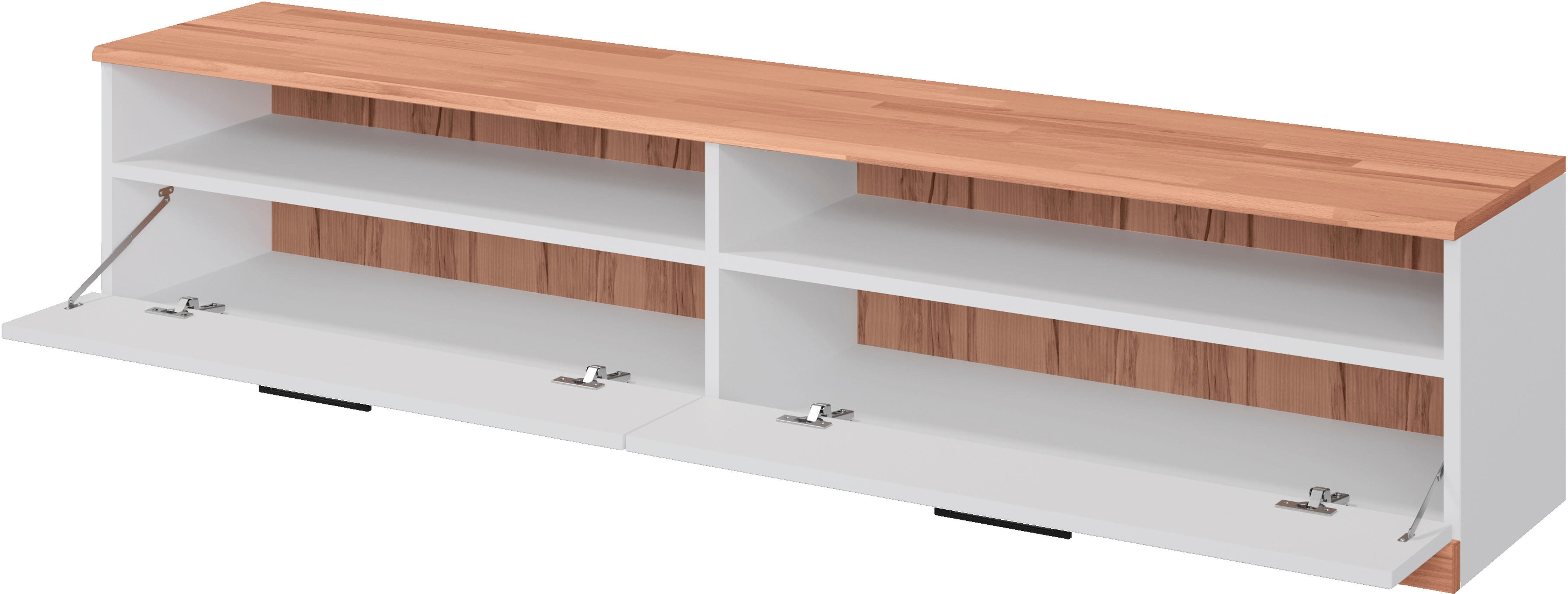 OTTO home Lowboard Ribe,140cm breit,38cm hoch mit 2 Klappen,Oberplatte aus Massivholz, Oberplatte Kernbuche massiv,schwarze Metall Griffe