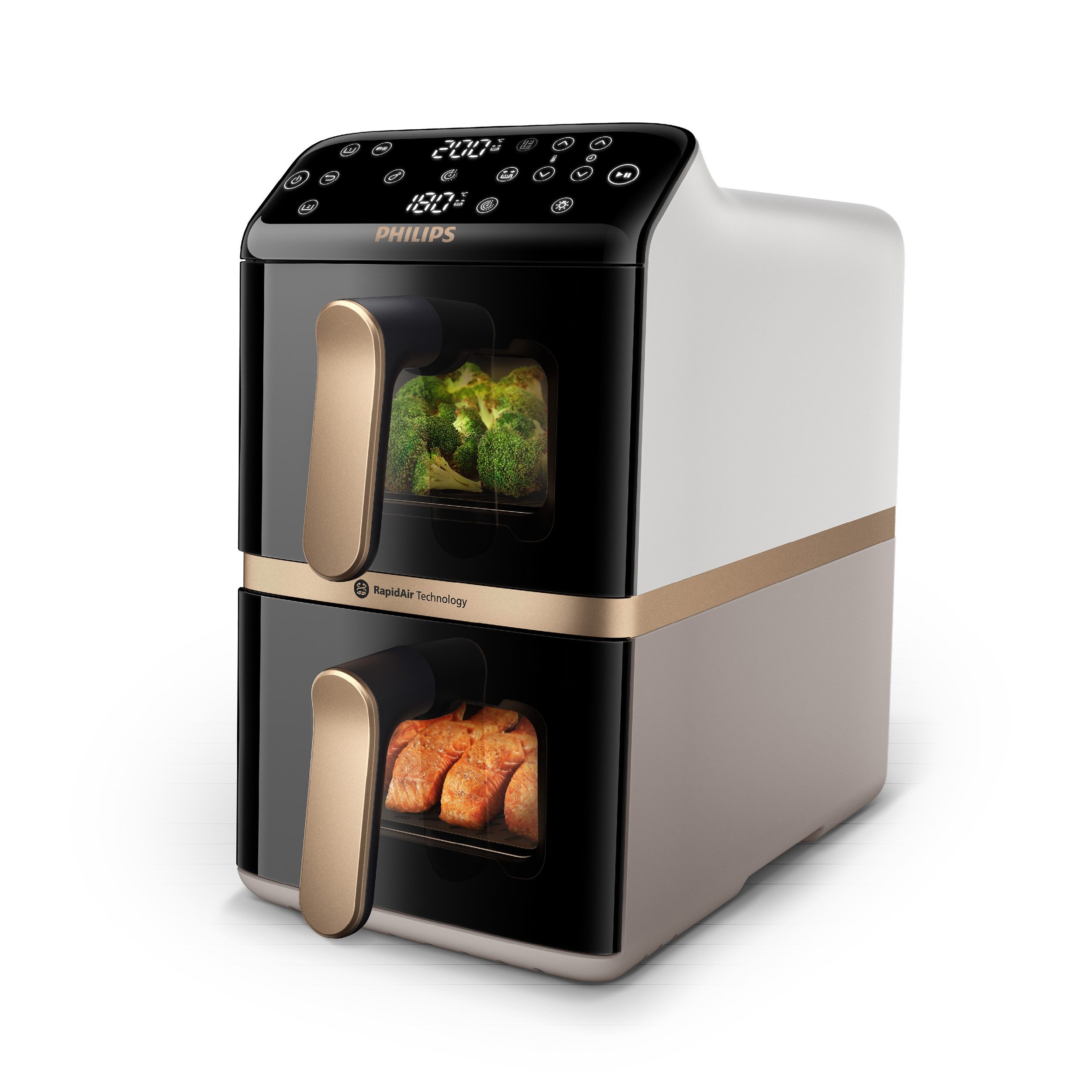 Philips Heißluftfritteuse NA462/80 4000 Series Stacked Dual Basket und 10L Kapazität (5+5L), 2750 W, RapidAir Technologie, Schwarz/Dunkelgrau, kupfer Griff