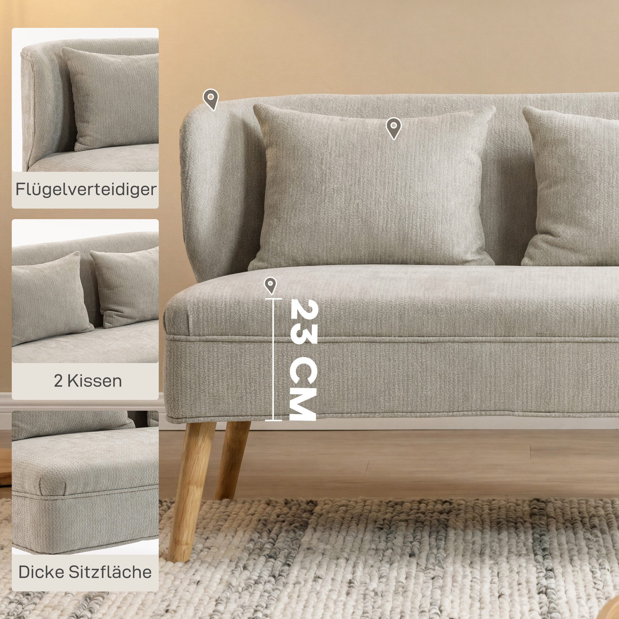 HOMCOM 2-Sitzer Polstersofa mit Chenille-Optik, Dick Gepolstert, Holzbeine, 117 cm Dick Gepolstert Doppelsofa 1 Teile, für Wohnzimmer, Schlafzimmer, Beige – Bild 5 von 5