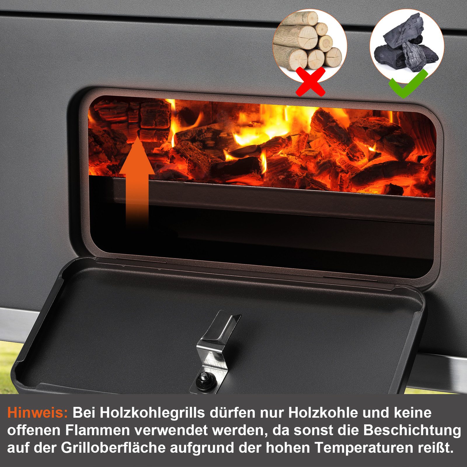 TLGREEN Holzkohlegrill Grillwagen XXL, mit Rädern & Thermometer, Hochwertiger Grillwagen für Garten Camping Picknick, Smoker Grill mit Deckel, Höhenverstellbare – Bild 5 von 5