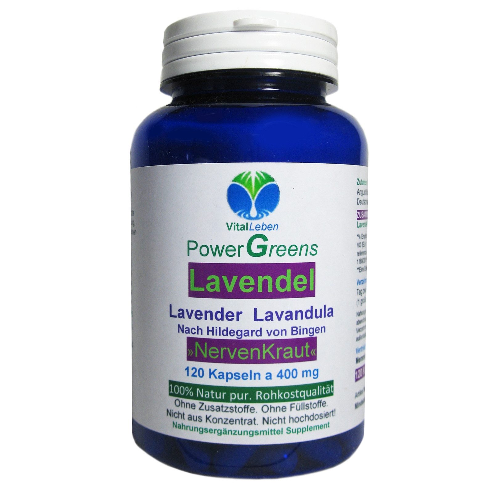 VitalLeben Lavendel Blütenpulver reines Lavendelpulver - Ohne Zusatzstoffe - Kapseln, 1 er Dose à 120 St., 48 g, Art. 26630-120