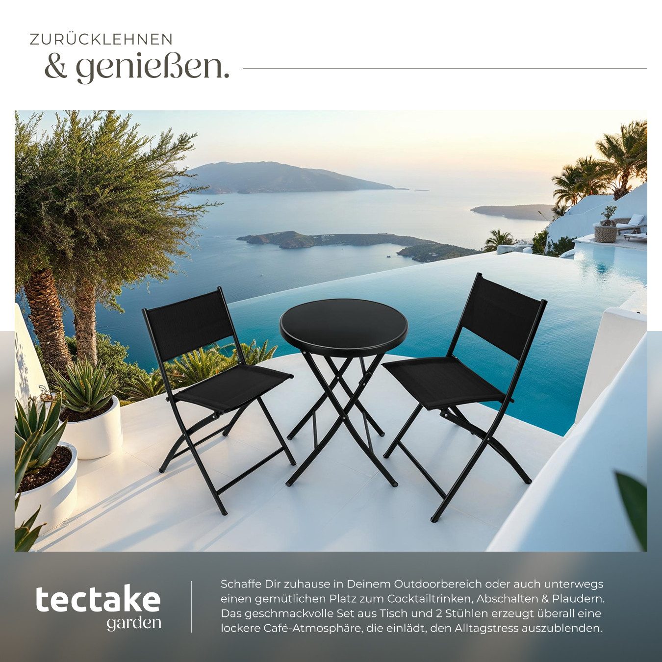 tectake Essgruppe Bistro-Set für 2 Personen, Tisch mit Sicherheitsglasplatte, (Gartenmöbel Düsseldorf, 3-tlg., in schwarz), klappbar, widerstandsfähig, UV-bestä – Bild 4 von 5