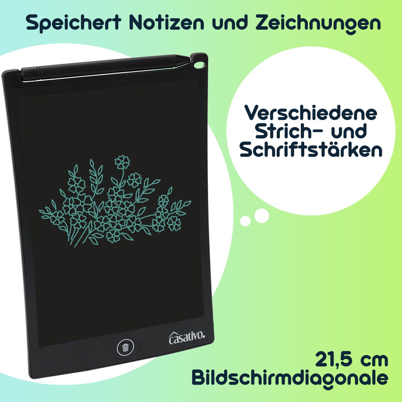 Casativo Zaubertafel LCD Schreibtafel 21,5cm Elektronisches Notiz-&Zeichentablett mit Stift, 8,5" LCD-Display, grün schreibend, inkl. Touch-Stift & CR2016 Batte – Bild 5 von 5