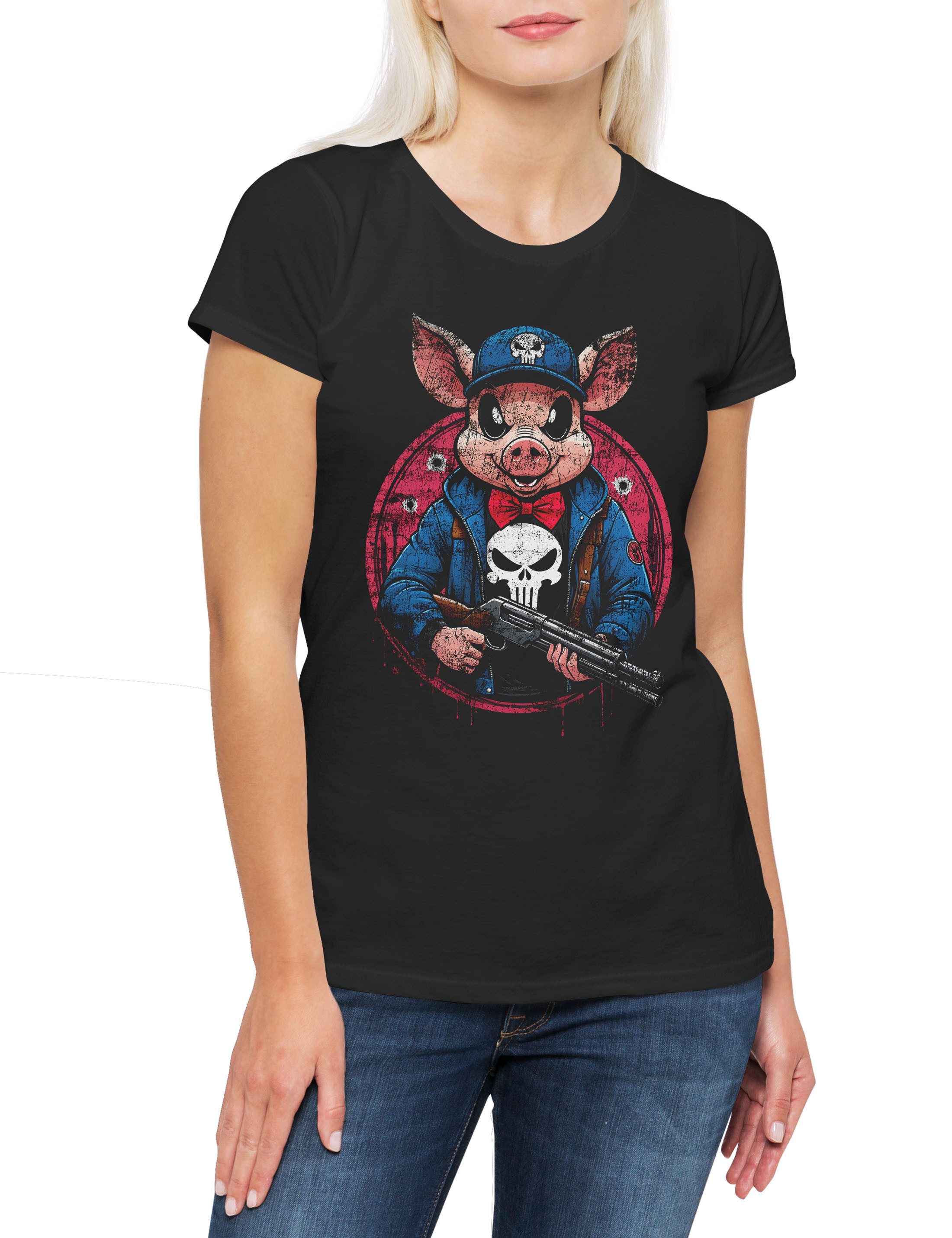 Print-Shirt Vigilante Pig Damen T-Shirt Skull Logo Toon Cartoon Comic Porky