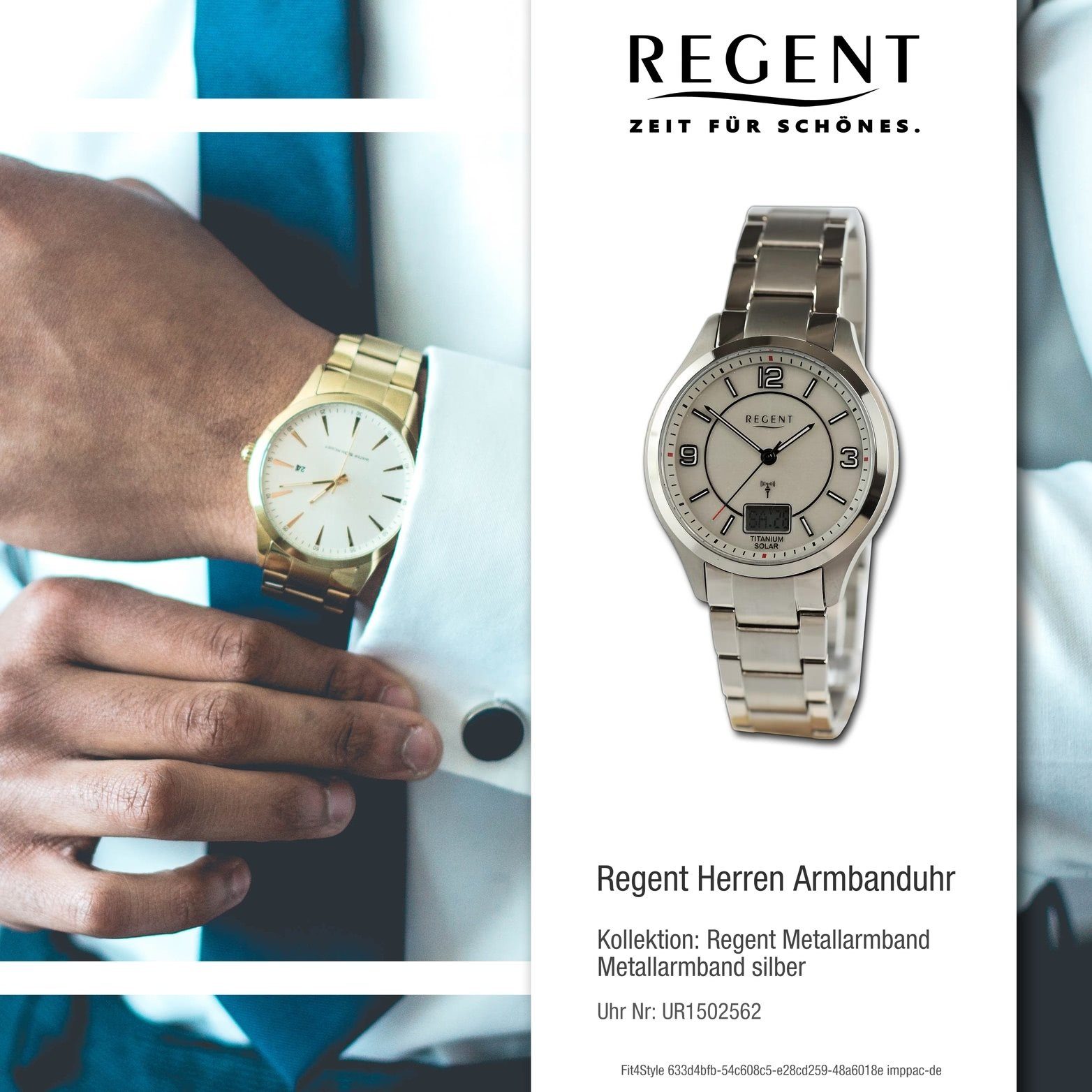 Herren Herrenuhr groß Regent Gehäuse, Regent extra (ca. 42mm) Armbanduhr, rundes silber, Metallarmband Quarzuhr