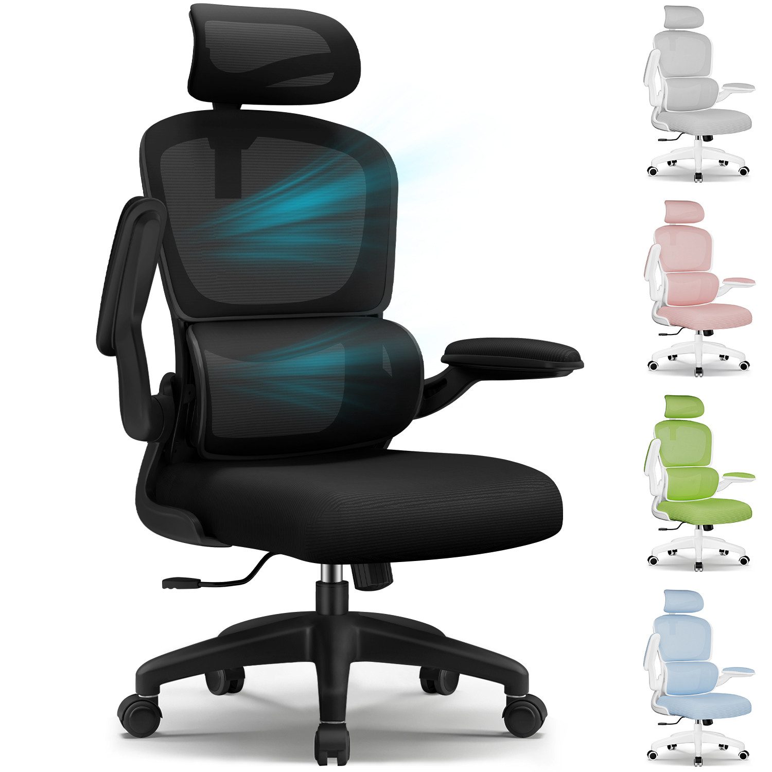 Homimaster Bürostuhl Bürostuhl, Schreibtischstuhl Ergonomisch mit Klappbaren Armlehnen (Bürostuhl mit Verstellbarer Kopfstütze, 90° Klappbare Armlehnen und Lendenwirbelstütze, Höhenverstellbarer Для шефа aus Mesh), Bürostuhl mit maximaler Neigung von 135°, bis 150 kg belastbar