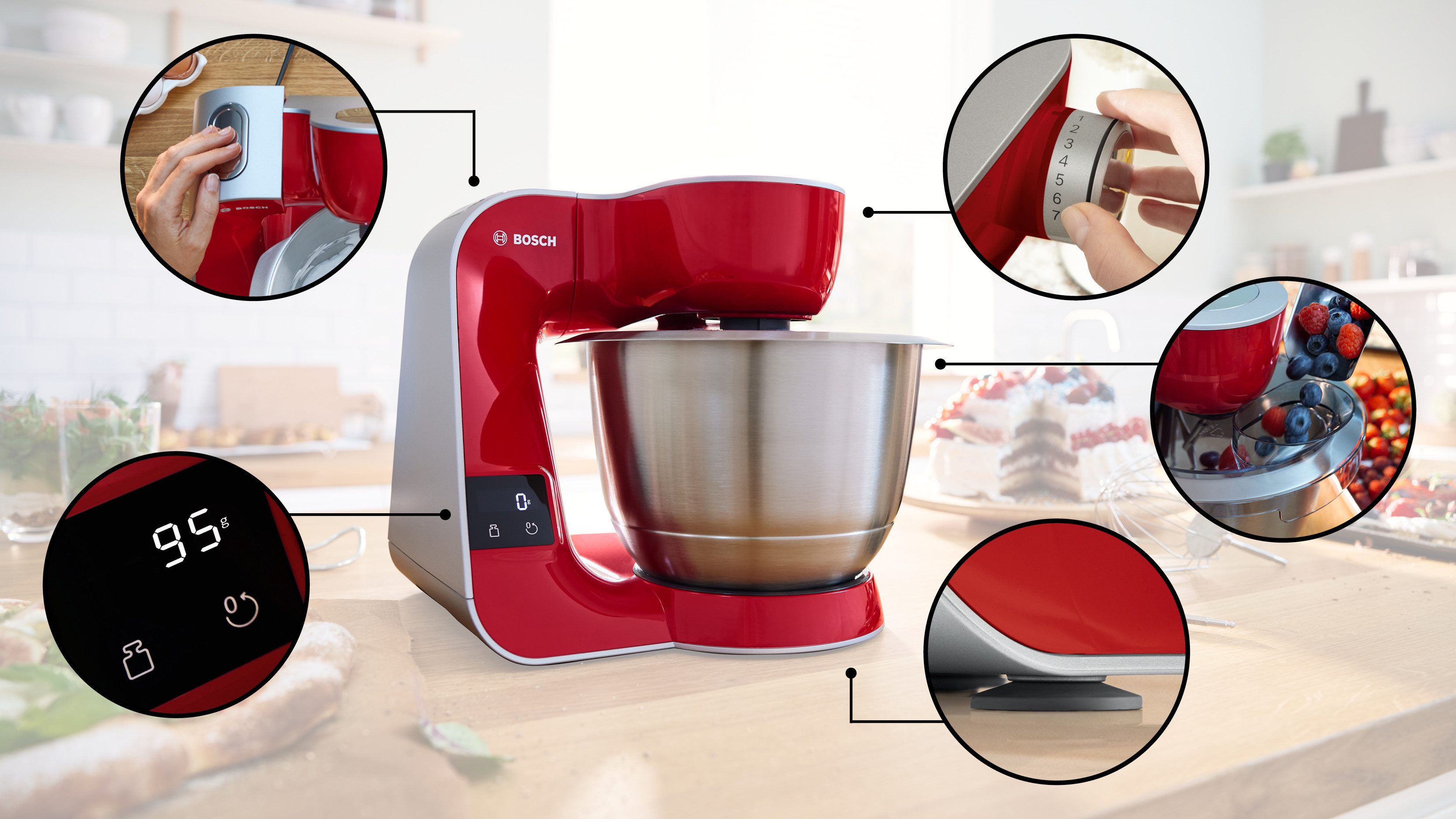 BOSCH Küchenmaschine Serie 4 MUM5X720, integr. Waage, Durchlaufschnitzler, Mixer, rot, 1000 W, 3,9 l Schüssel, 3 Scheiben, Schüssel, Knethaken/Rühr-/Schlagbesen, spülmaschinenfest