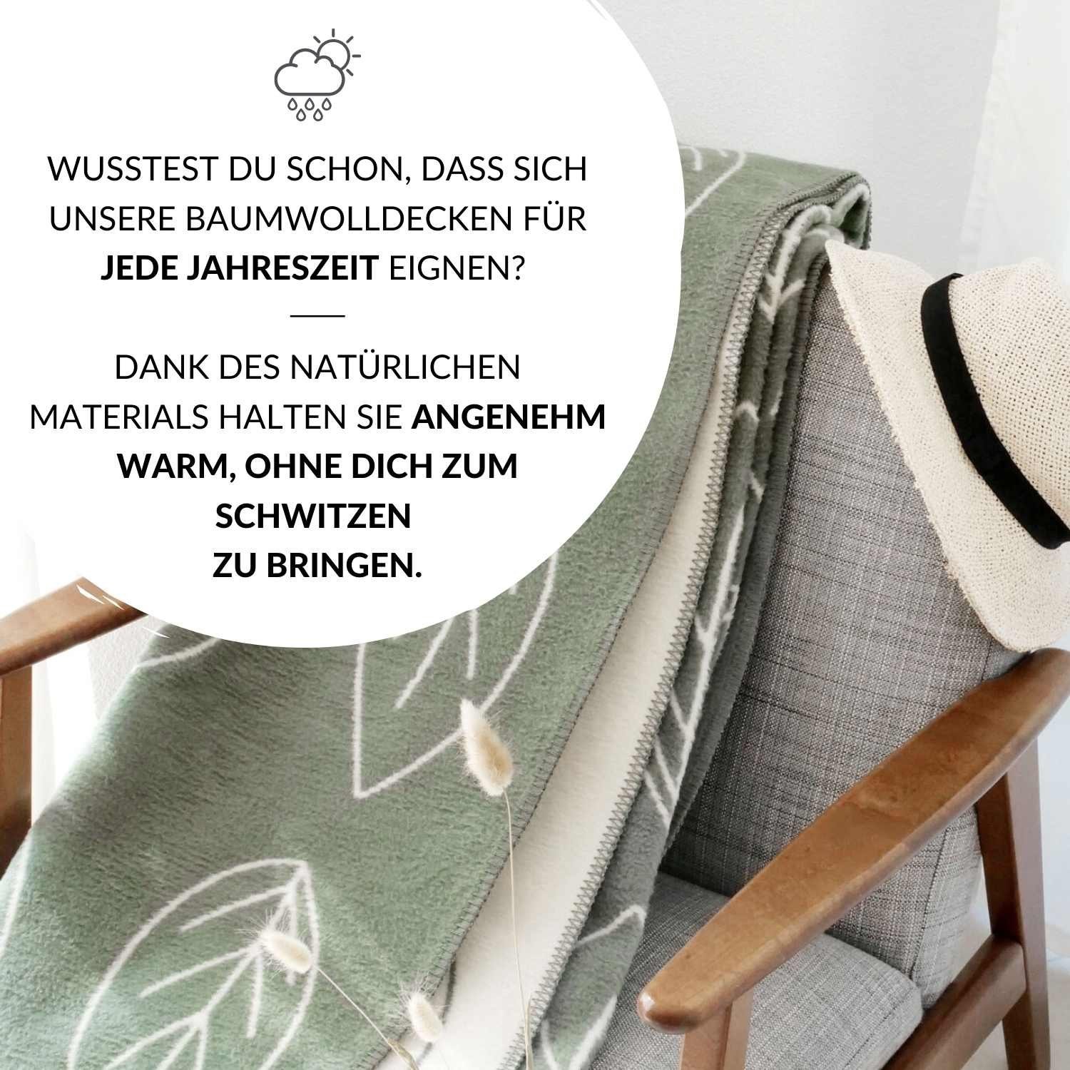 grün Germany, aus für Erwachsene, mit 100% Baumwolle, Bio-Baumwolle weiche Blättern RIEMA OEKOTEX warme 150x200cm Wohndecke aus Wolldecke Baumwolldecke