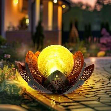 Globo LED Solarleuchte, LED-Leuchtmittel fest verbaut, Kaltweiß, LED Solar Lotus Blume Deko Lampe Kugel Crackle-Glas Außen