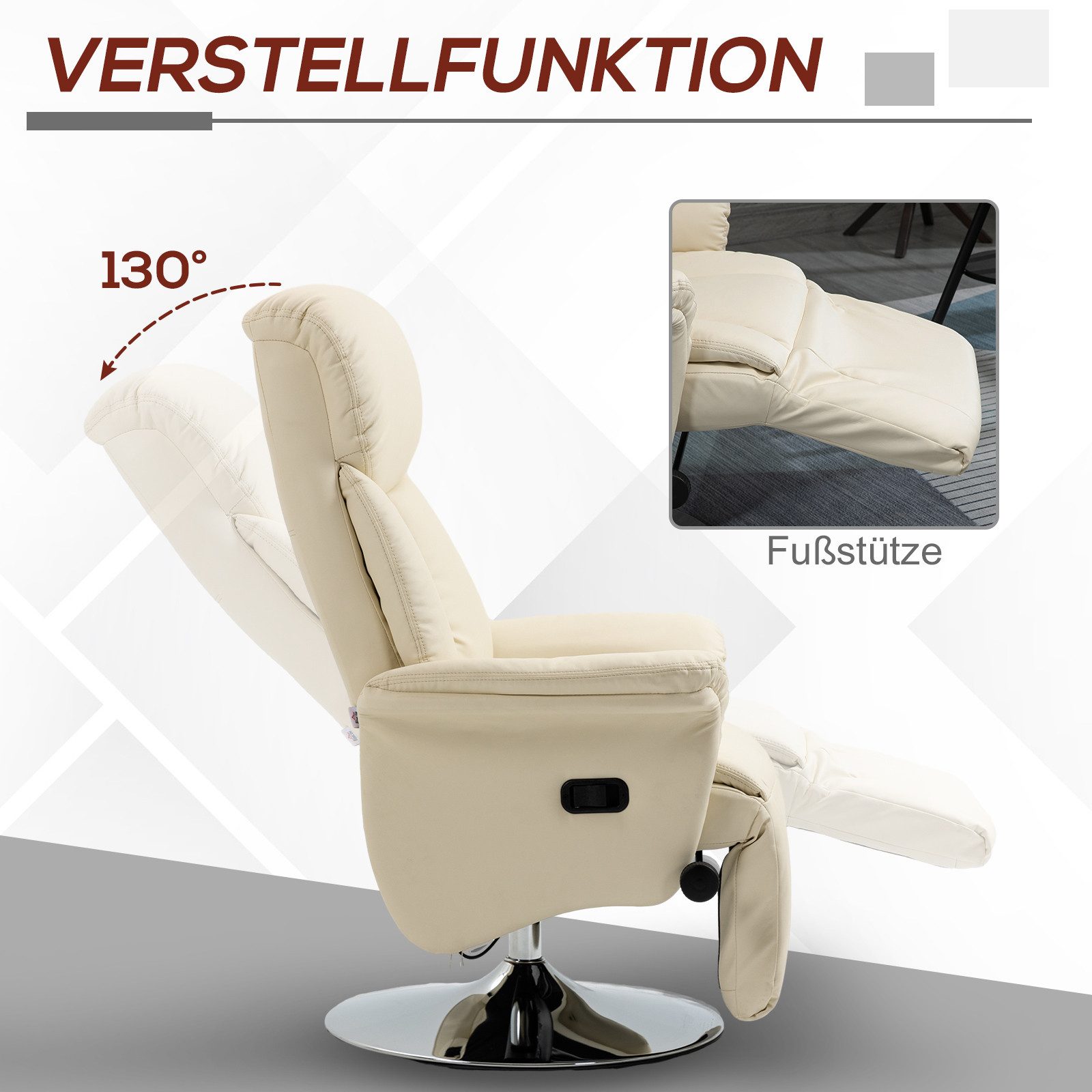 HOMCOM Relaxsessel Fernsehsessel mit Liegefunktion, drehbar, gepolstert, Ruhesessel (Fernsehsessel, 1-St., Liegesessel), für Wohnzimer, Cremeweiß – Bild 4 von 5
