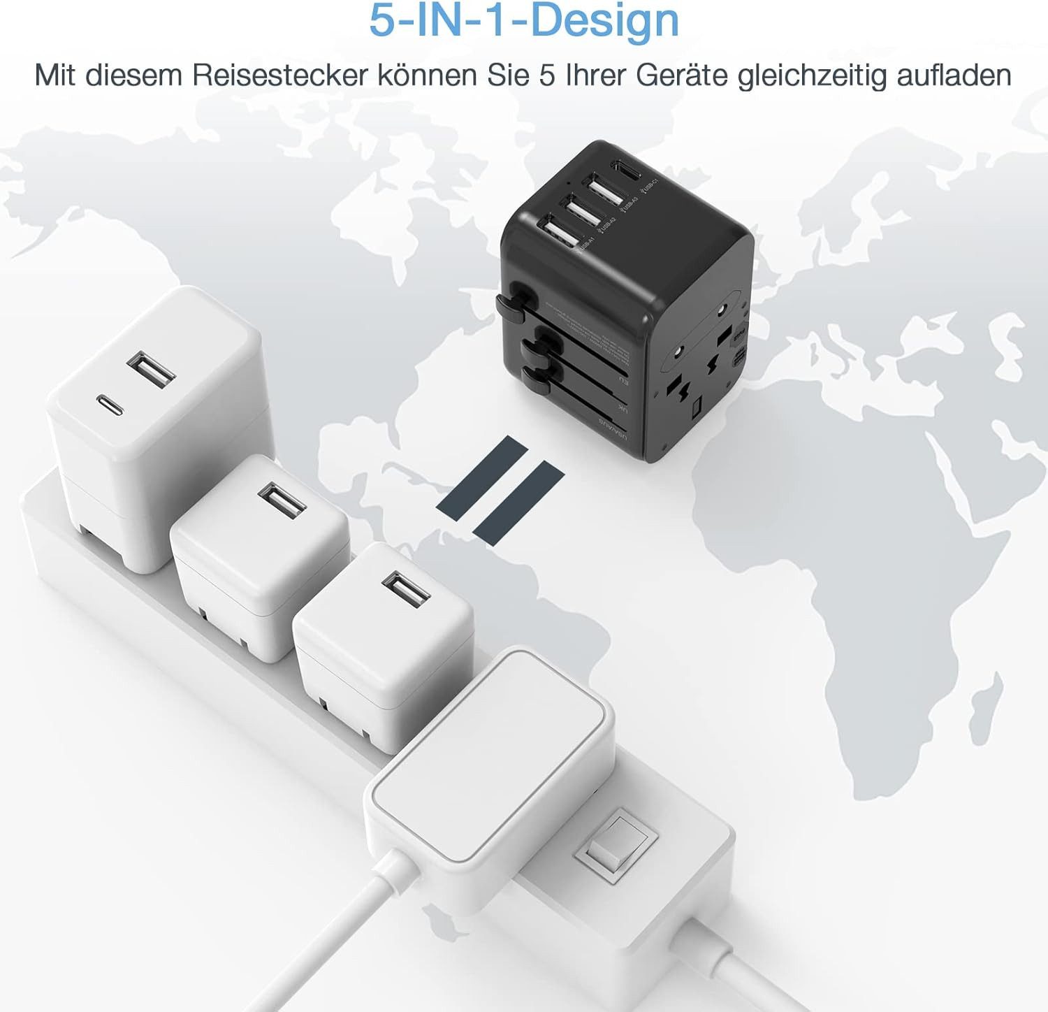 TESSAN Reiseadapter Weltweit Universal Reisestecker mit 3 USB A und 1 USB C Reiseadapter AC Buchse, USB A, USB C, Typ A Buchse zu US Plug(Typ A), UK Plug (Typ G), EU Plug (Typ C), AUS Plug (Typ I), Dieser Reiseadapter wird mit zwei Überlastsicherungen (10A) geliefert
