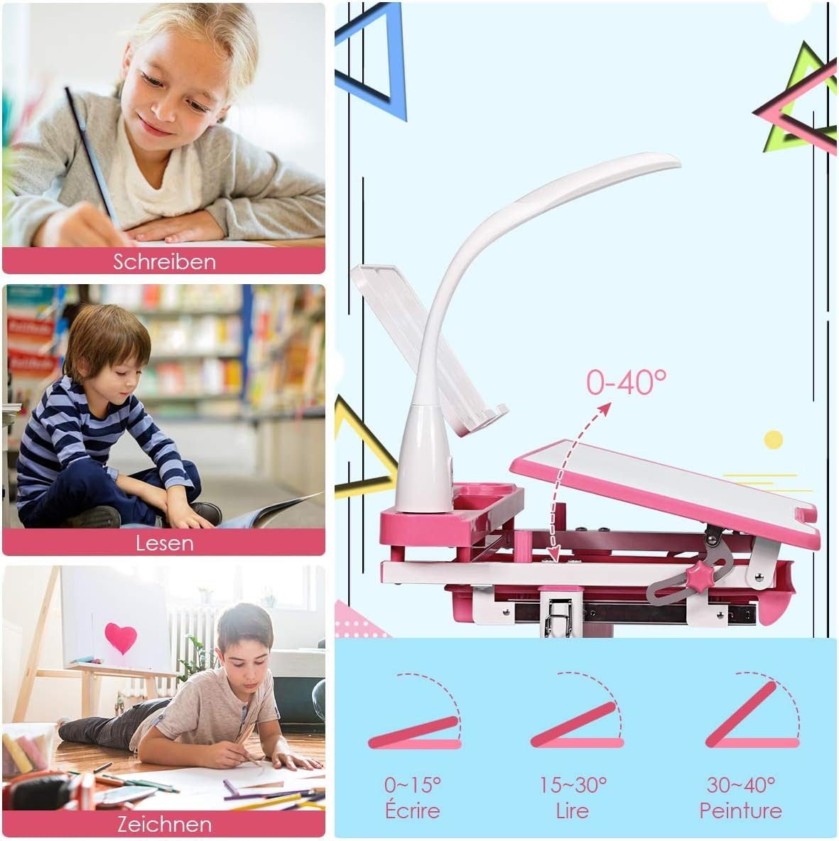 KOMFOTTEU Kinderschreibtisch höhenverstellbar (Set), mit Stuhl & Lampe