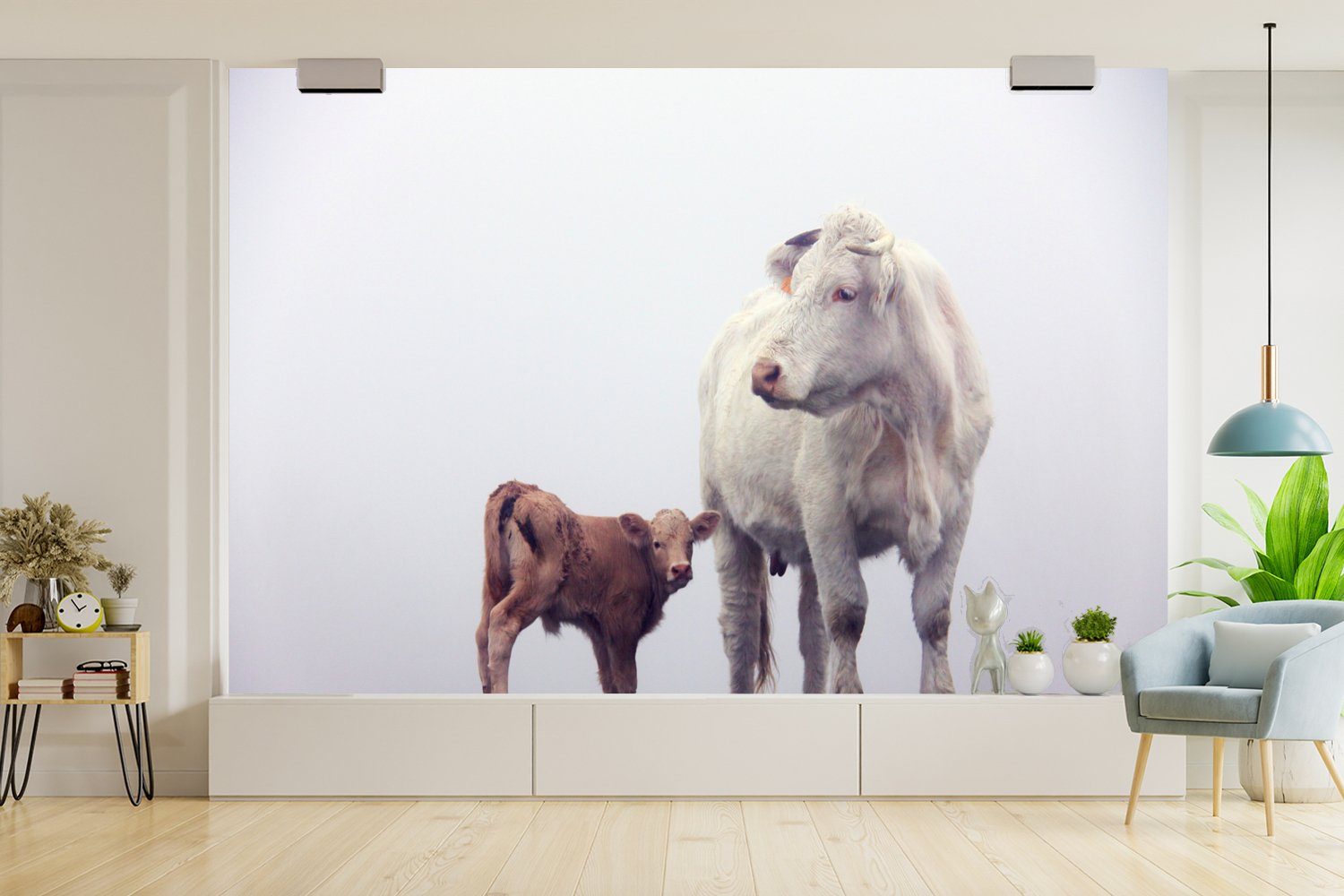 Fototapete Braun Nebel, - Wohnzimmer, Tapete - - Schlafzimmer, St), Kühe Matt, für Kinderzimmer, bedruckt, Weiß MuchoWow (6 Wallpaper Vinyl
