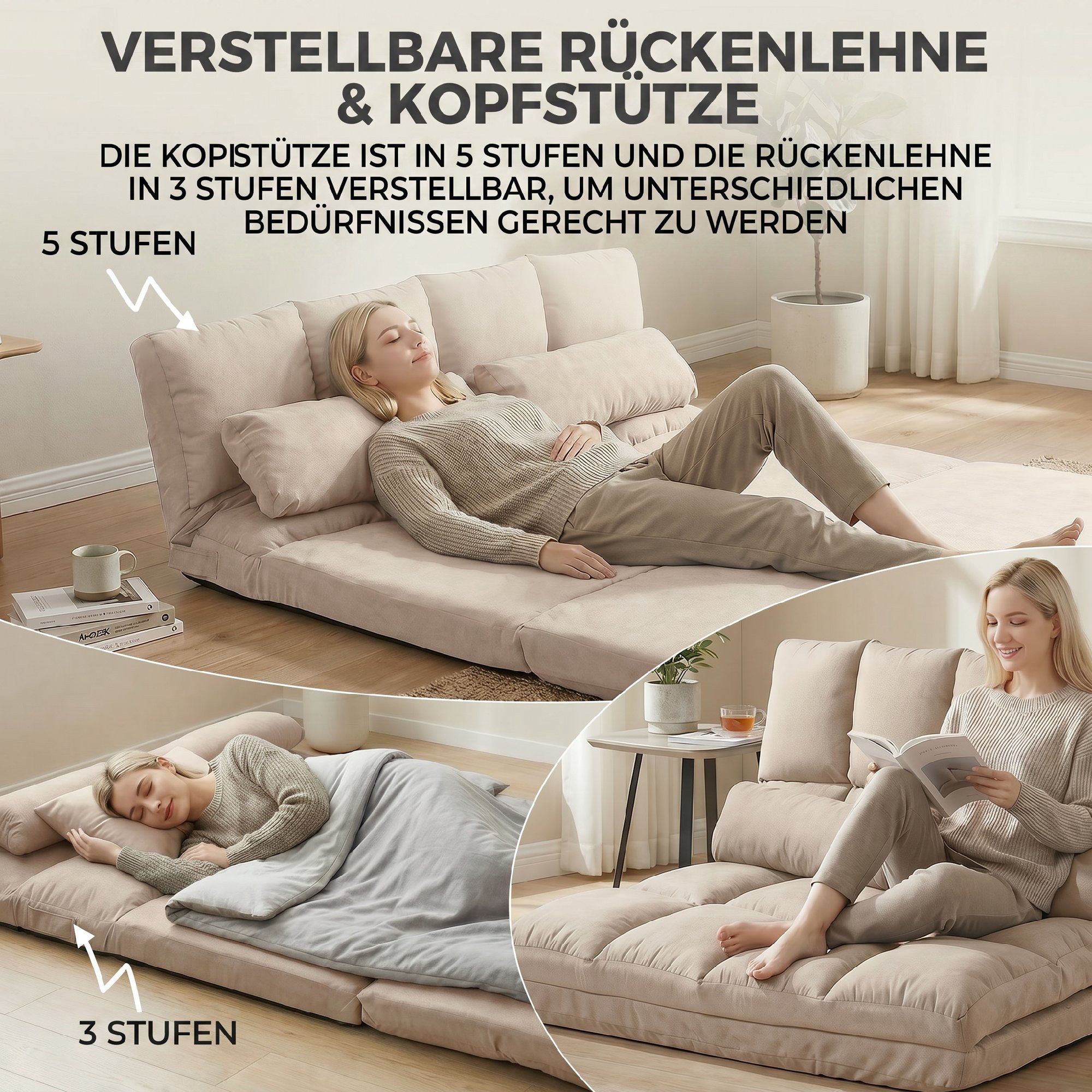 HOMCOM Relaxsessel Bodenstuhl Bodensessel mit Liegefunktion VerstellbarerRückenlehne (Klappbett, 1-St., 2-in-1 Bodensessel), für Schlafzimmer, Wohnzimmer, Beige – Bild 4 von 5