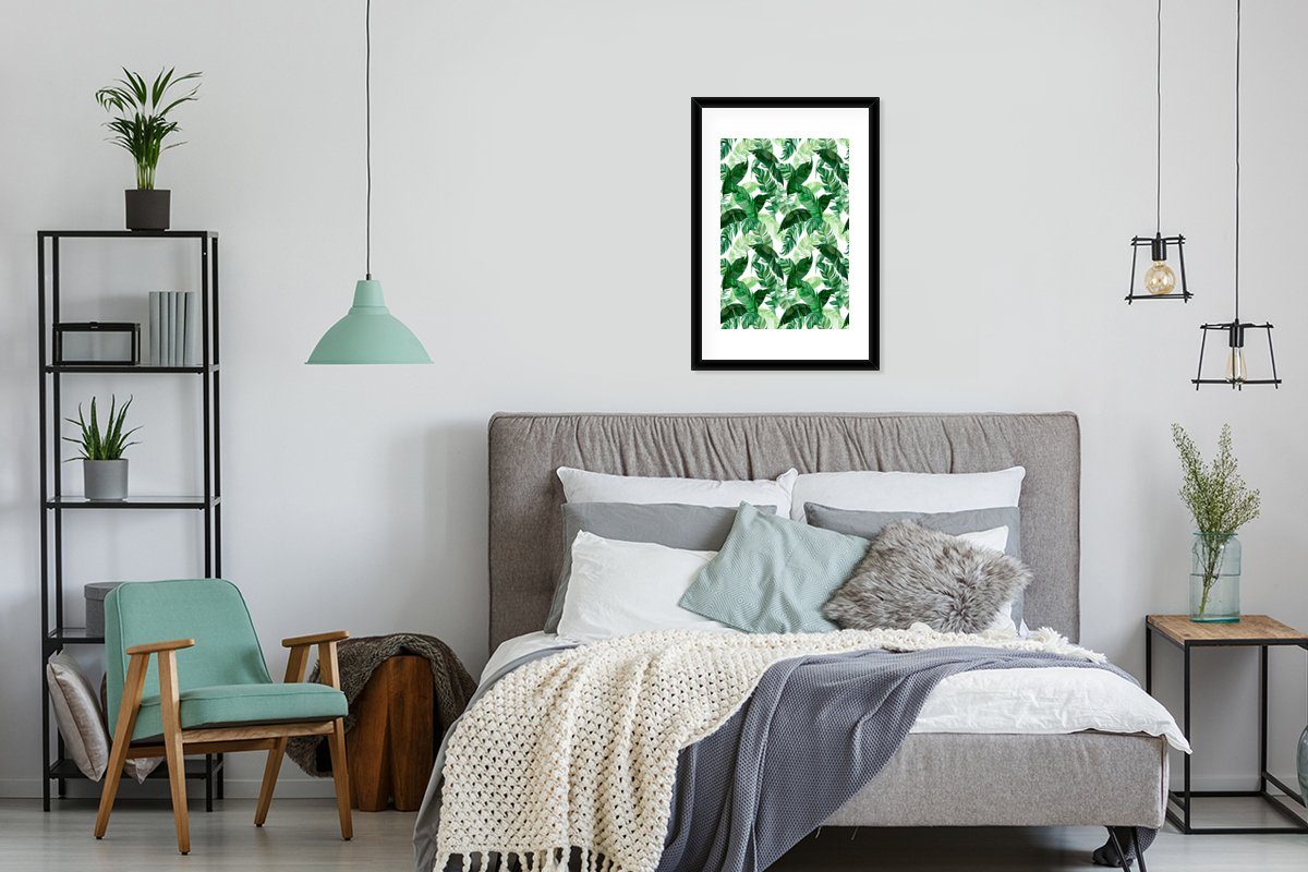 Schwarzem Rahmen, Grün mit St), Poster, Bilderrahmen Blätter (1 Gerahmtes Muster, Poster Kunstdruck, - MuchoWow -