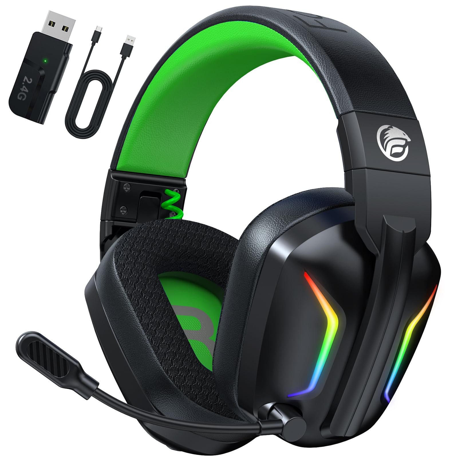 Fachixy Mikrofon, 2,4G Wireless Bluetooth Kopfhörer kabellos LED Licht Gaming-Headset (ENC-Rauschunterdrückung, Stummschaltung, LED-Beleuchtung, Game- und Musikmodus, faltbar, Bluetooth und 2,4G Wireless, 2,4 GHz, mit Surround Sound Faltbarer Bluetooth LED Licht Über 50H+Akkulaufzeit)