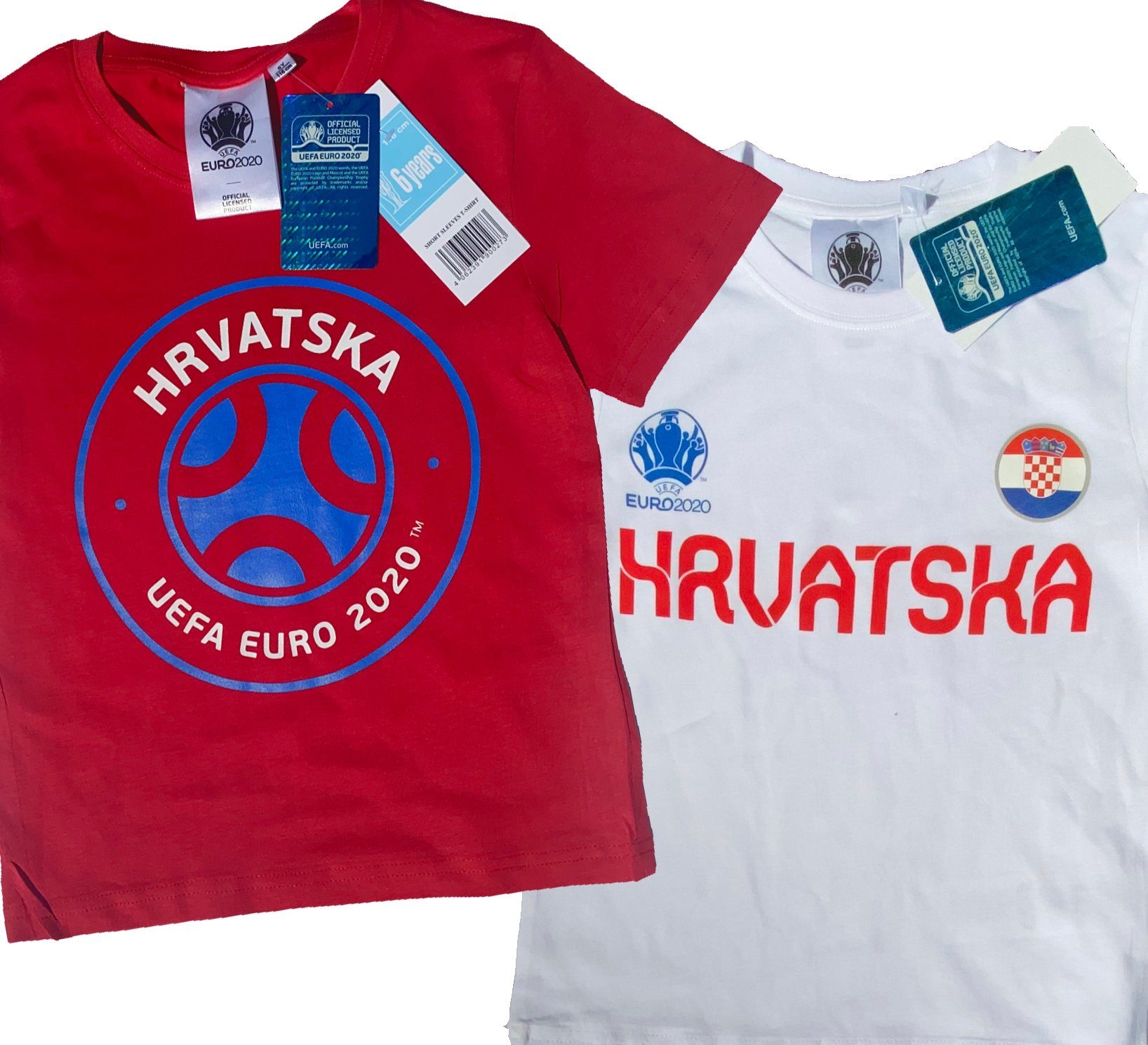 coole-fun-t-shirts T-Shirt 2x Kroatien Kinder T-Shirt EURO 2020 / 2021 Hrvatska Fußball Trikot Shirt DOPPELPACK rot und weiss Europameisterschaft Jungen + Mädchen 6 8 10 12 Jahre Gr.116 128 140 152 (2er-Pack)
