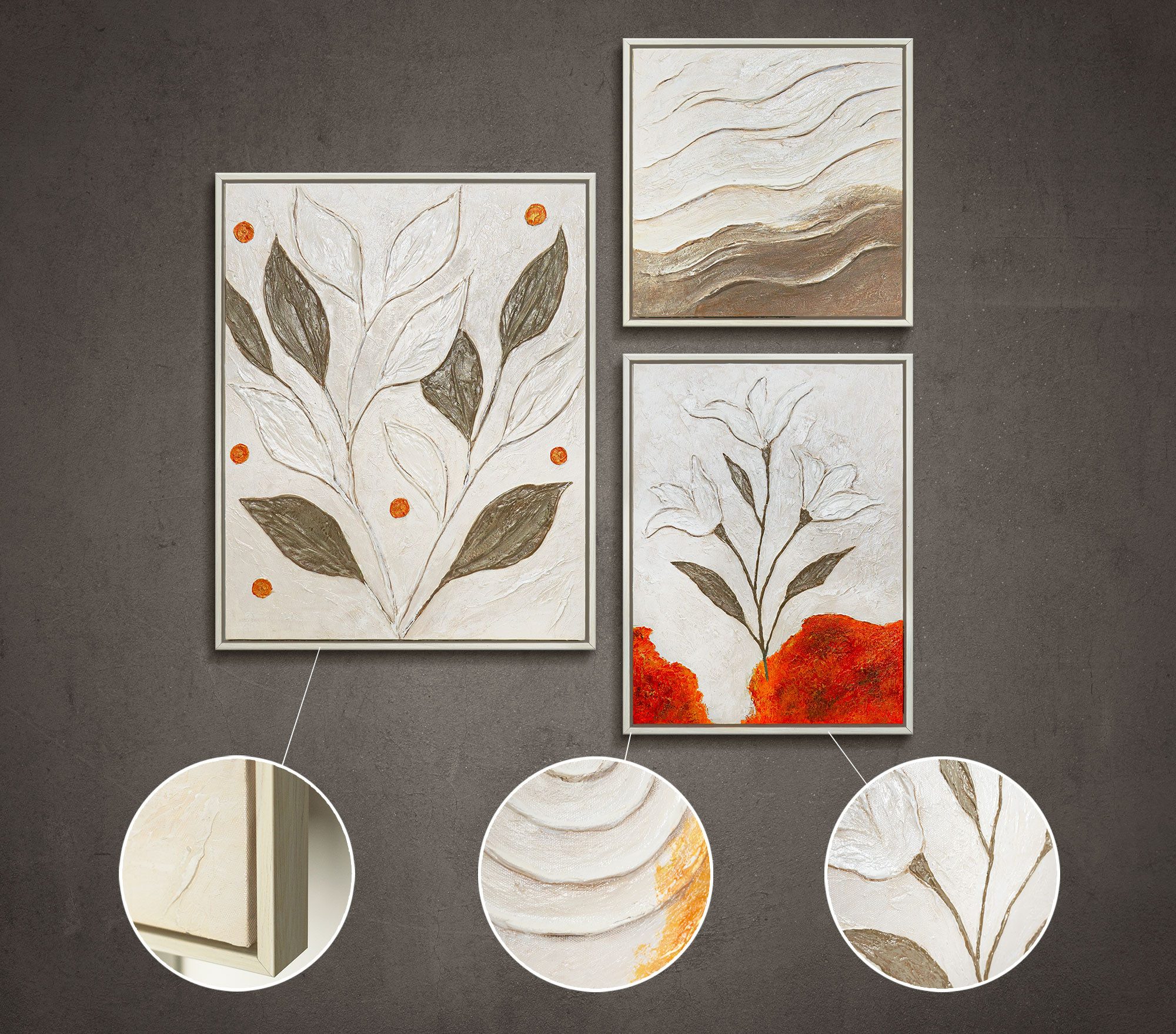 YS-Art Gemälde Natürliche Harmonie, (Set, 3 St), Leinwandbilder Set in Beige & Orange - Wandbilder Set Natur Modern