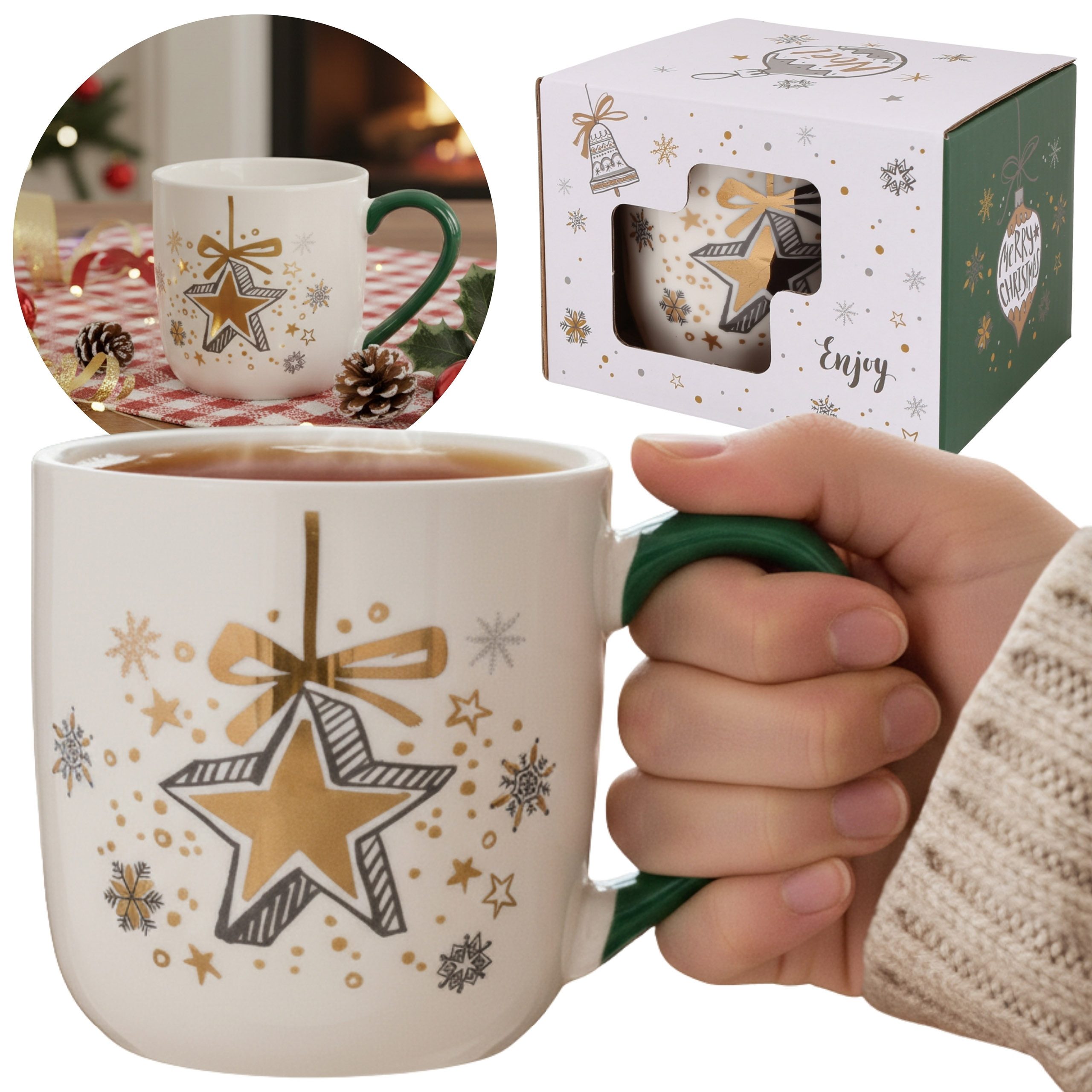 Sarcia.eu Zierbecher Porzellan-Weihnachtsbecher weiß mit Henkel, Sternmotiv, 320 ml