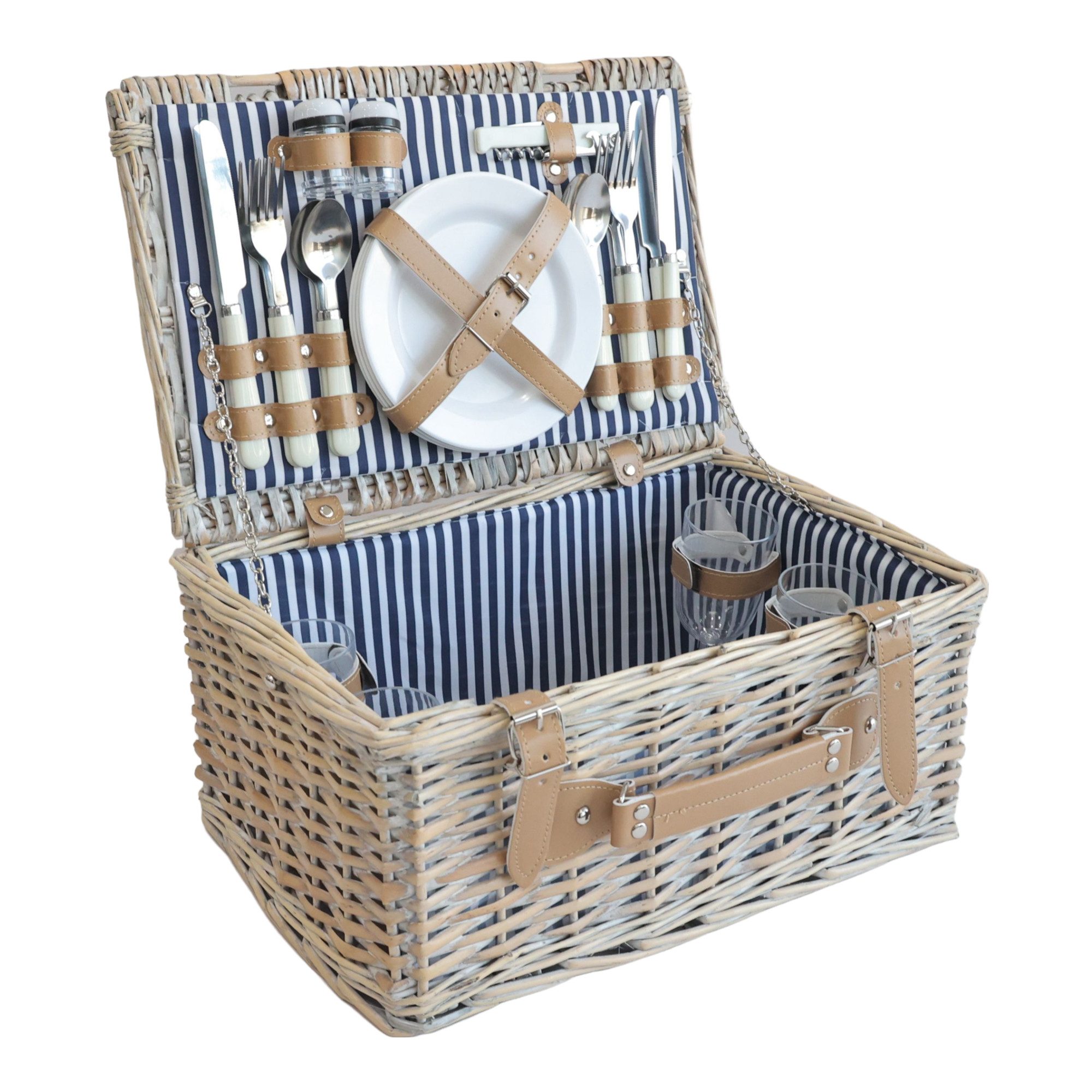 casa.pro Picknickkorb (Komplett-Set), »Lumparland« für 4 Personen Weide 42x28x20 cm Weiß / Blau