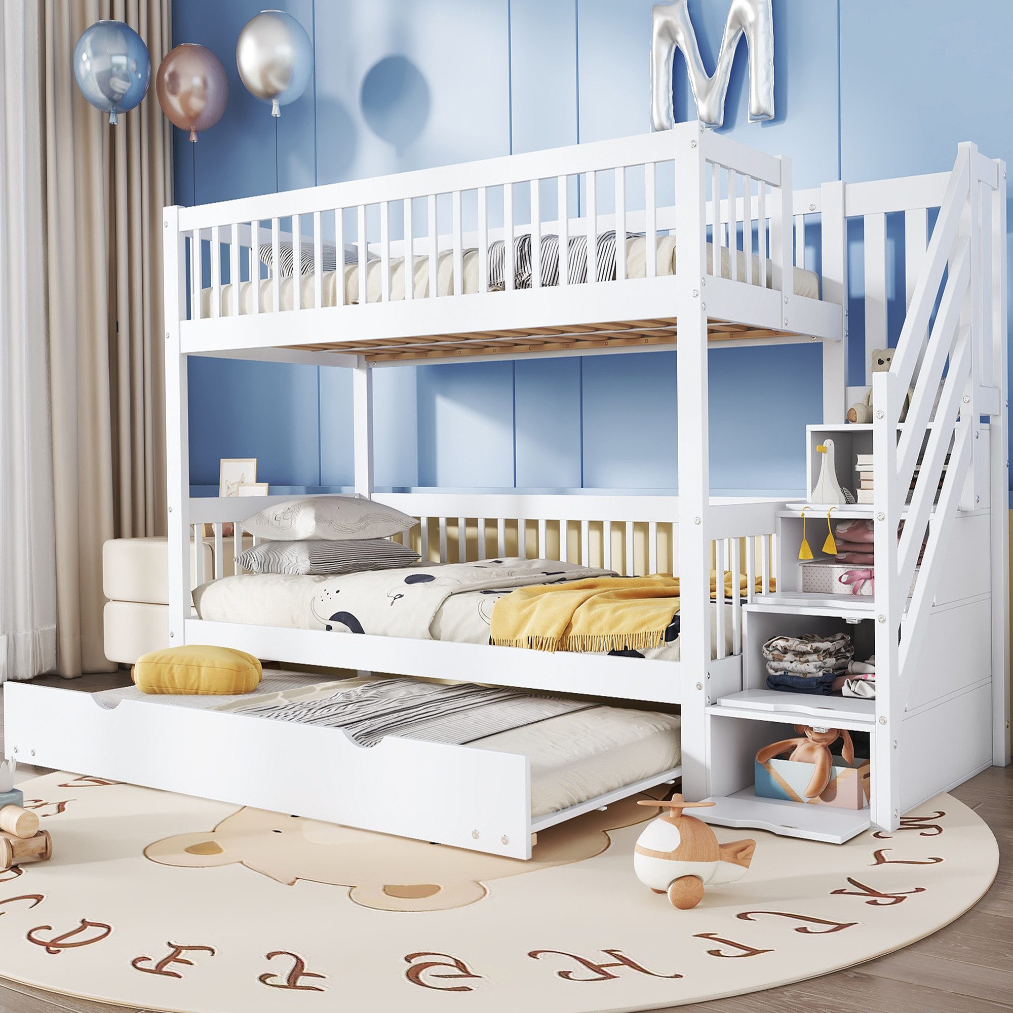 MODFU Etagenbett mit Rollbett & Leiterschrank (Kinderbett mit zusätzlichem Stauraum, Stauraumbett 90x200/190 cm), ohne Matratze