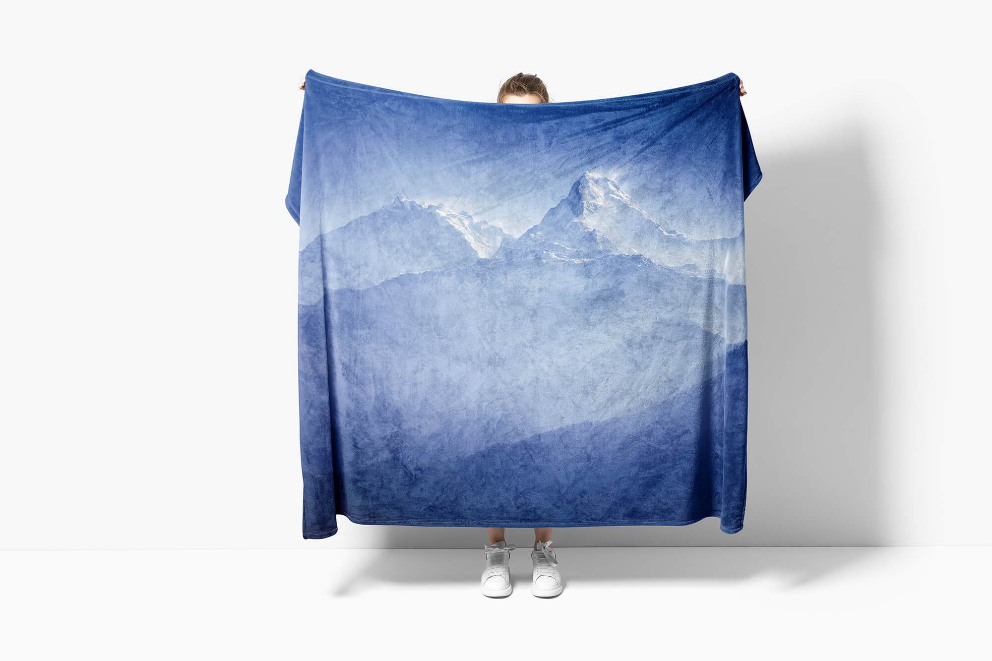 Handtuch Blau, Schneegipfel Handtücher Handtuch Sinus Fotomotiv (1-St), Strandhandtuch Saunatuch Berge Art Baumwolle-Polyester-Mix mit Kuscheldecke