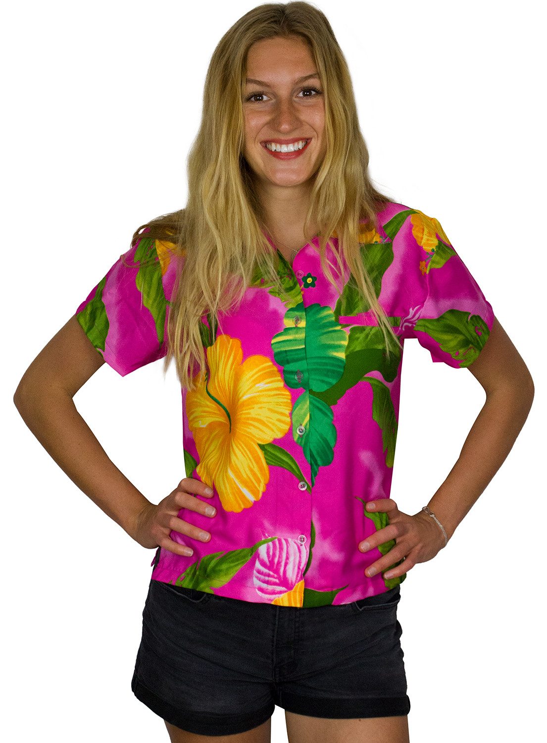 King Kameha Hawaiihemd Big Flower Funky Hawaiibluse Damen Kurzarm Front-Tasche Stylish