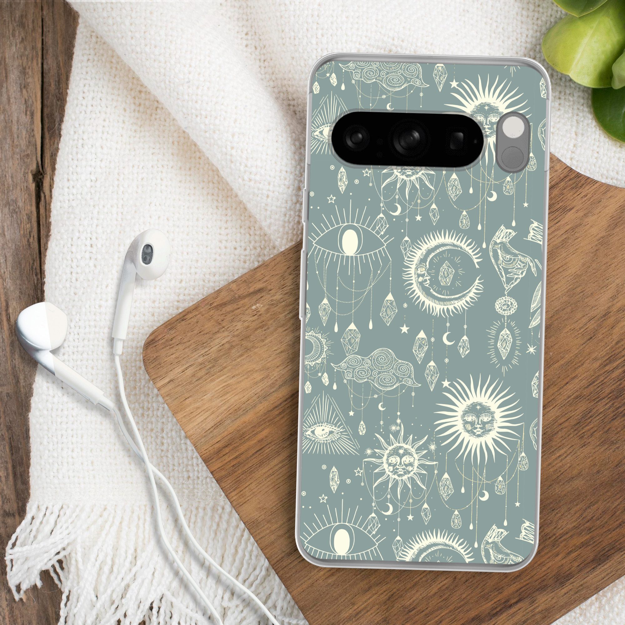 MuchoWow Handyhülle für Google Pixel 8 Pro Boho - Druck - Blau - Sonne - Augen - Zen, Phone Case, Silikon, Schutzhülle Dünn