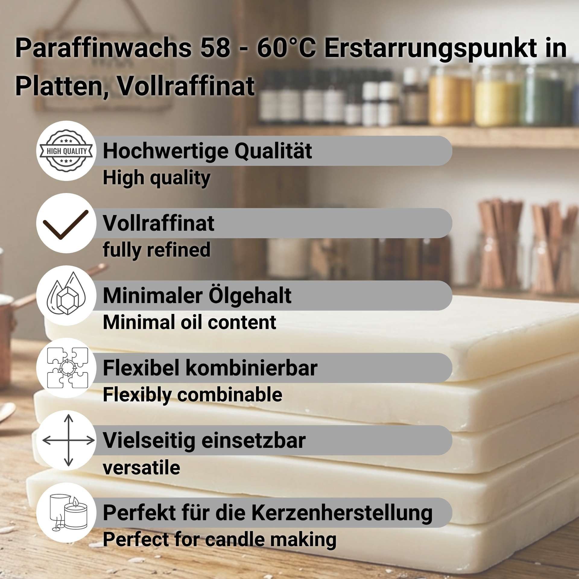DistrEbution Stumpenkerze Kerzenwachs Platten, Kerzenherstellung 5-25 kg Paraffin, 58-60°C, Kerzen gießen