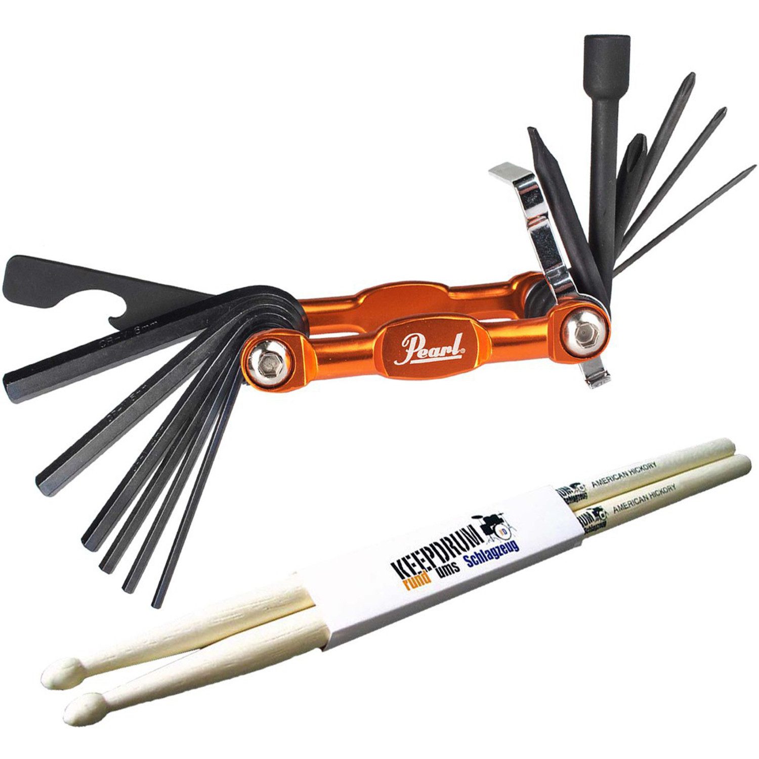 Pearl Drums Schlagzeug Pearl PTT13 Tool Universal-Werkzeug mit Schlagzeugstöcken,Werkzeug für Drummer, Multiwerkzeug mit Sticks 