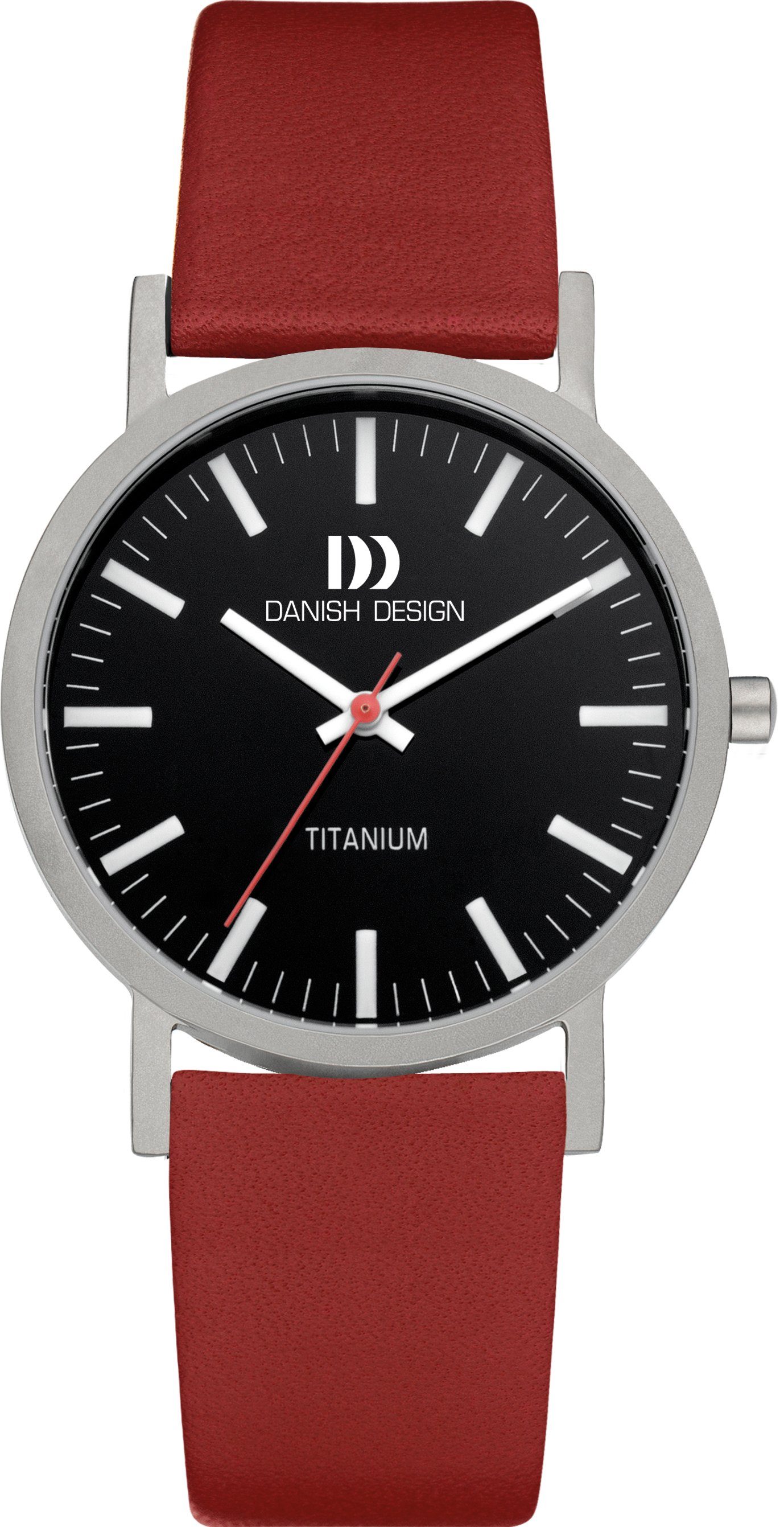 Danish Design Titanuhr Rhine DD ⌀35mm Rot-schwarz Roter Lederband, Designuhr Sekundenzeiger