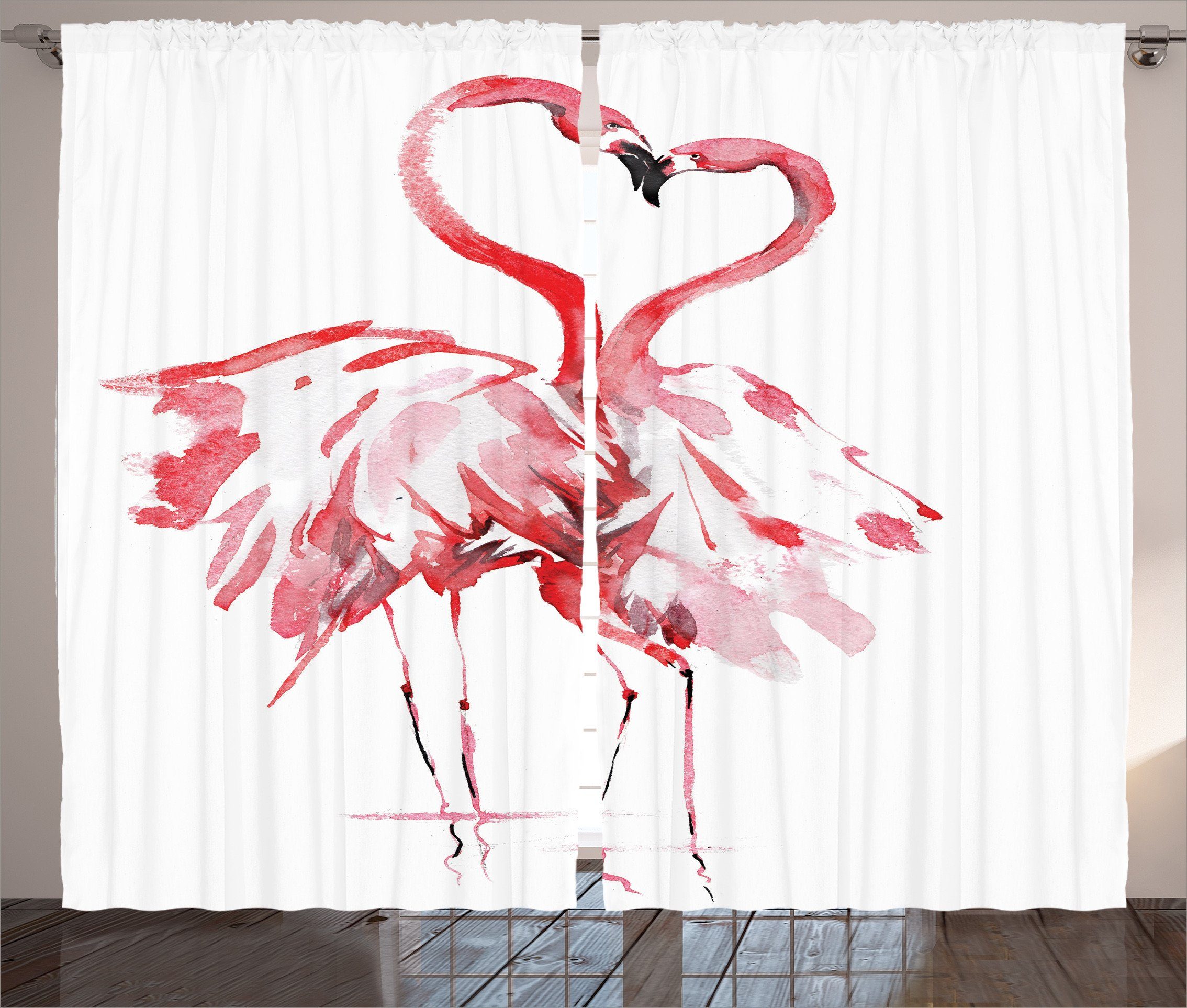 Gardine Schlafzimmer Kräuselband Vorhang mit Schlaufen und Haken, Abakuhaus, Flamingo Lovers Kissing