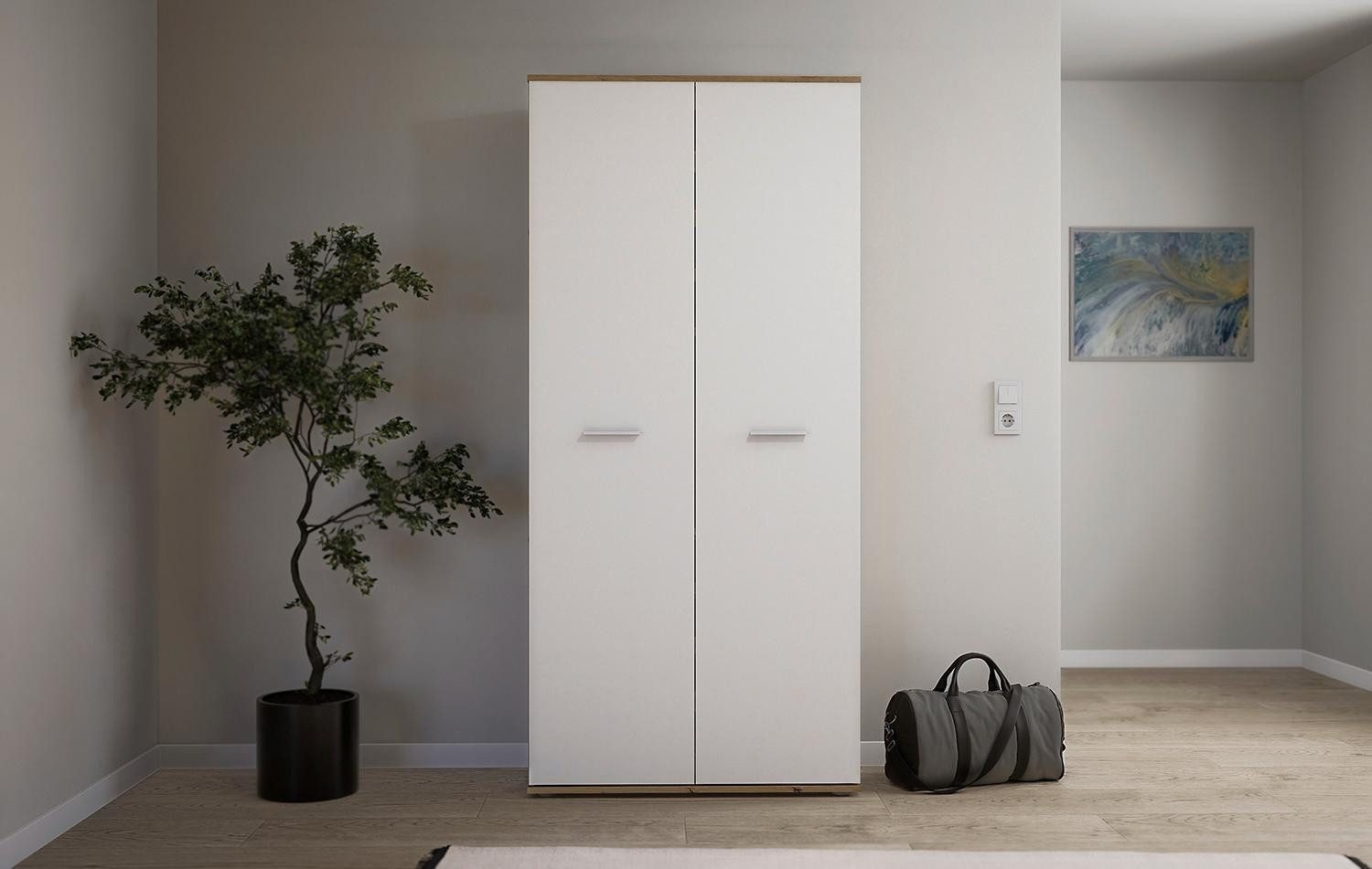 Bega Consult Garderobenschrank LEON, Artisan Eiche Dekor, Weiß matt, 2 Türen, 2 Schubladen im Inneren, B 90 x H 195 x T 38 cm