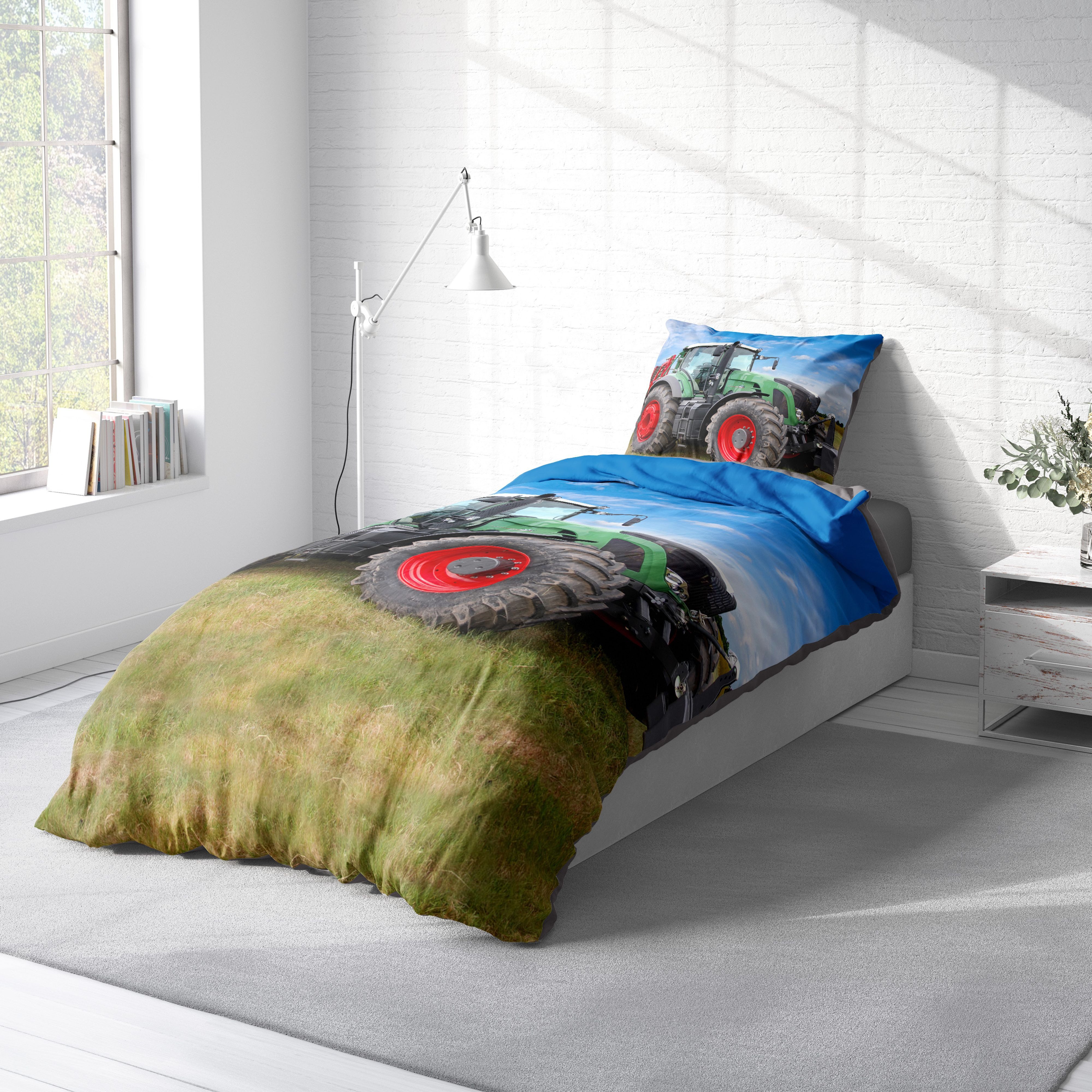 One Home Bettwäsche Fotodruck, Mikrofaser, 4 teilig, Traktor Trecker Landmaschinen, Knitterfrei Weich für Sommer und Winter